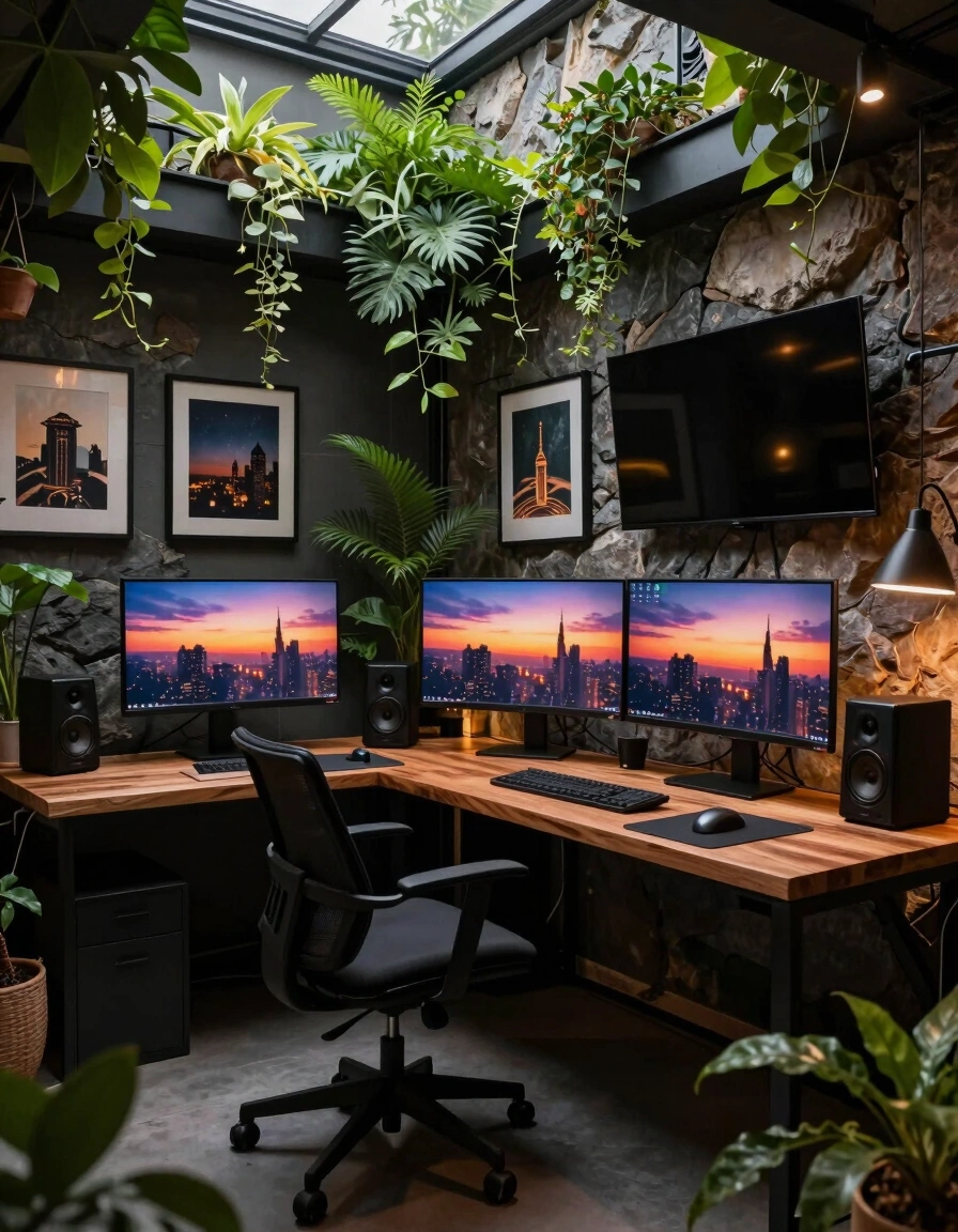 A modern home office with a dark industrial aesthetic, surrounded by lush greenery and featuring a wooden desk, black office chair, and multiple computer monitors.
