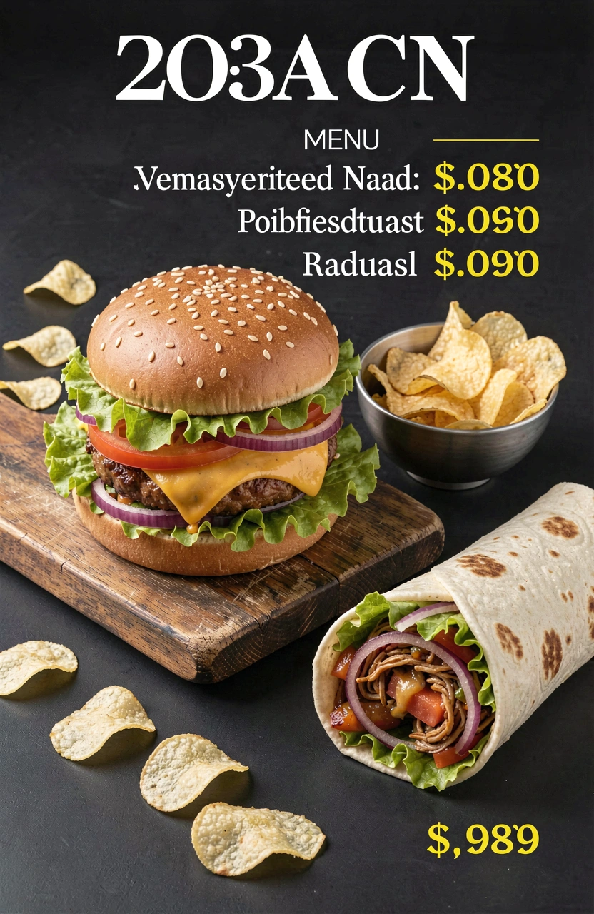 Mouth-watering fast food menu featuring a burger, chips, and shawarma on a sleek black background with scattered potato chips and a modern styling.