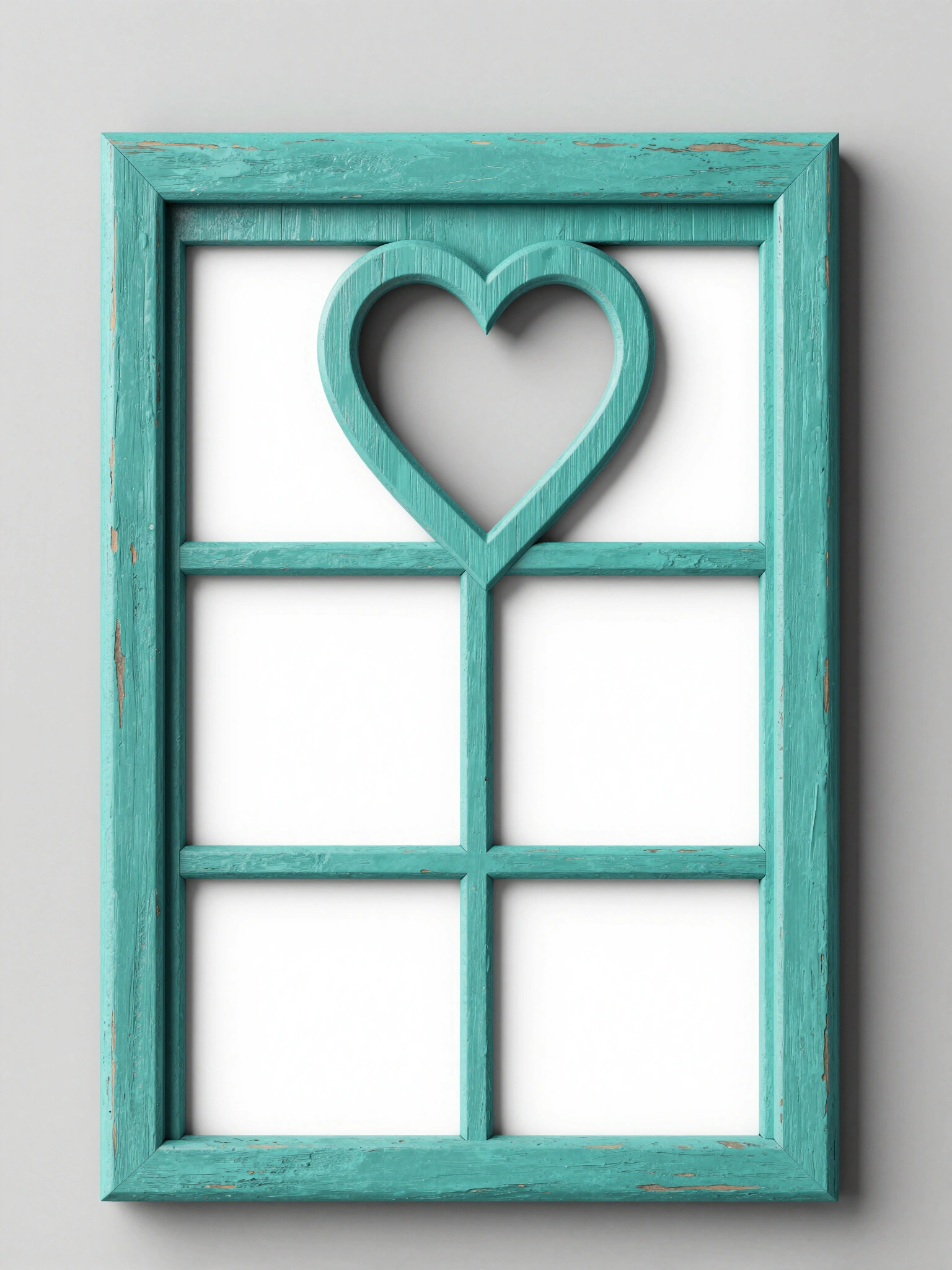 A distressed turquoise wooden collage frame with six blank white rectangular spaces and a heart-shaped cutout in the center, surrounded by a light gray background.