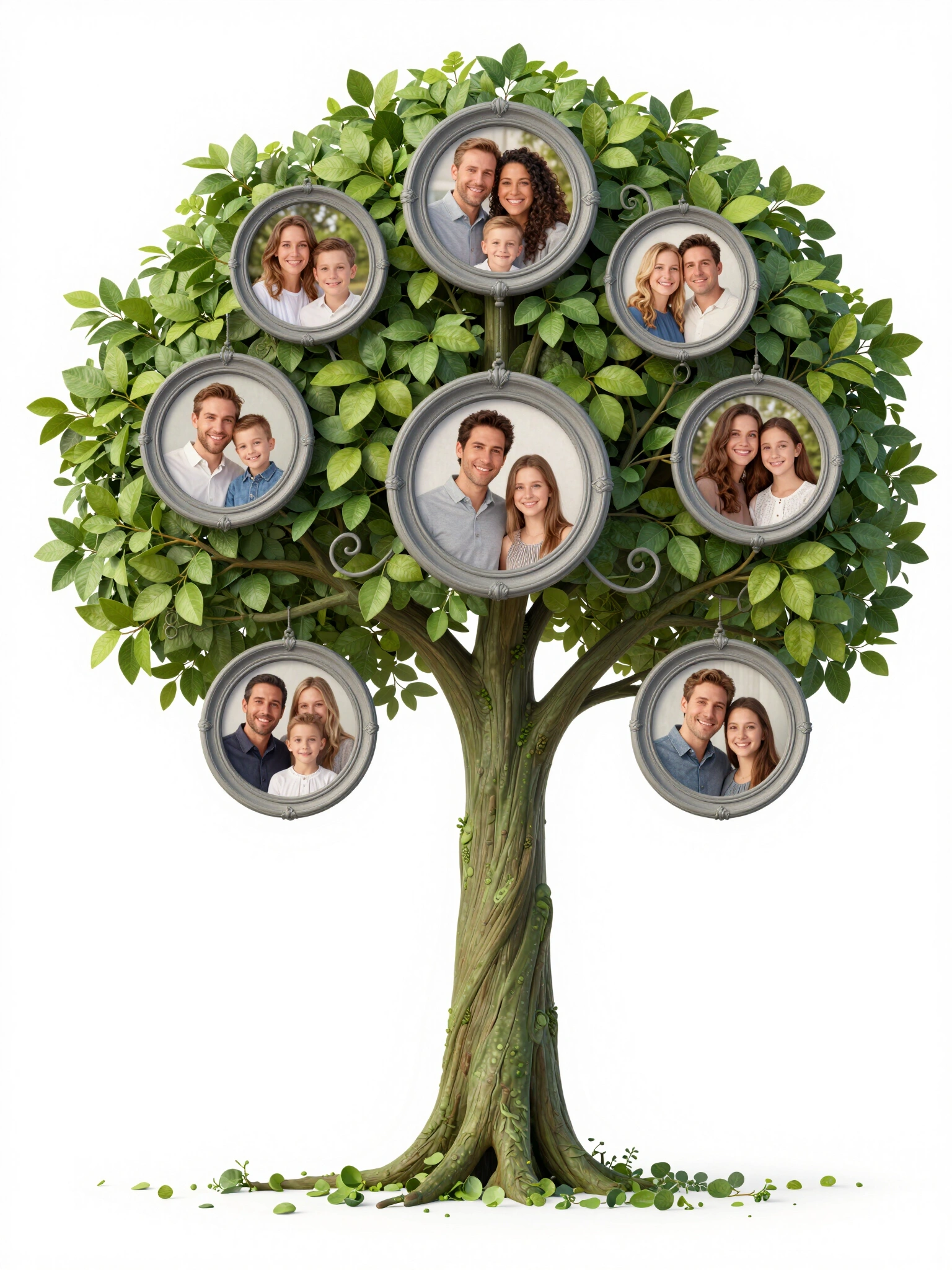 A stylized family tree with seven circular frames for photos, featuring a green trunk and branches with leaves and swirls, set against a white background.