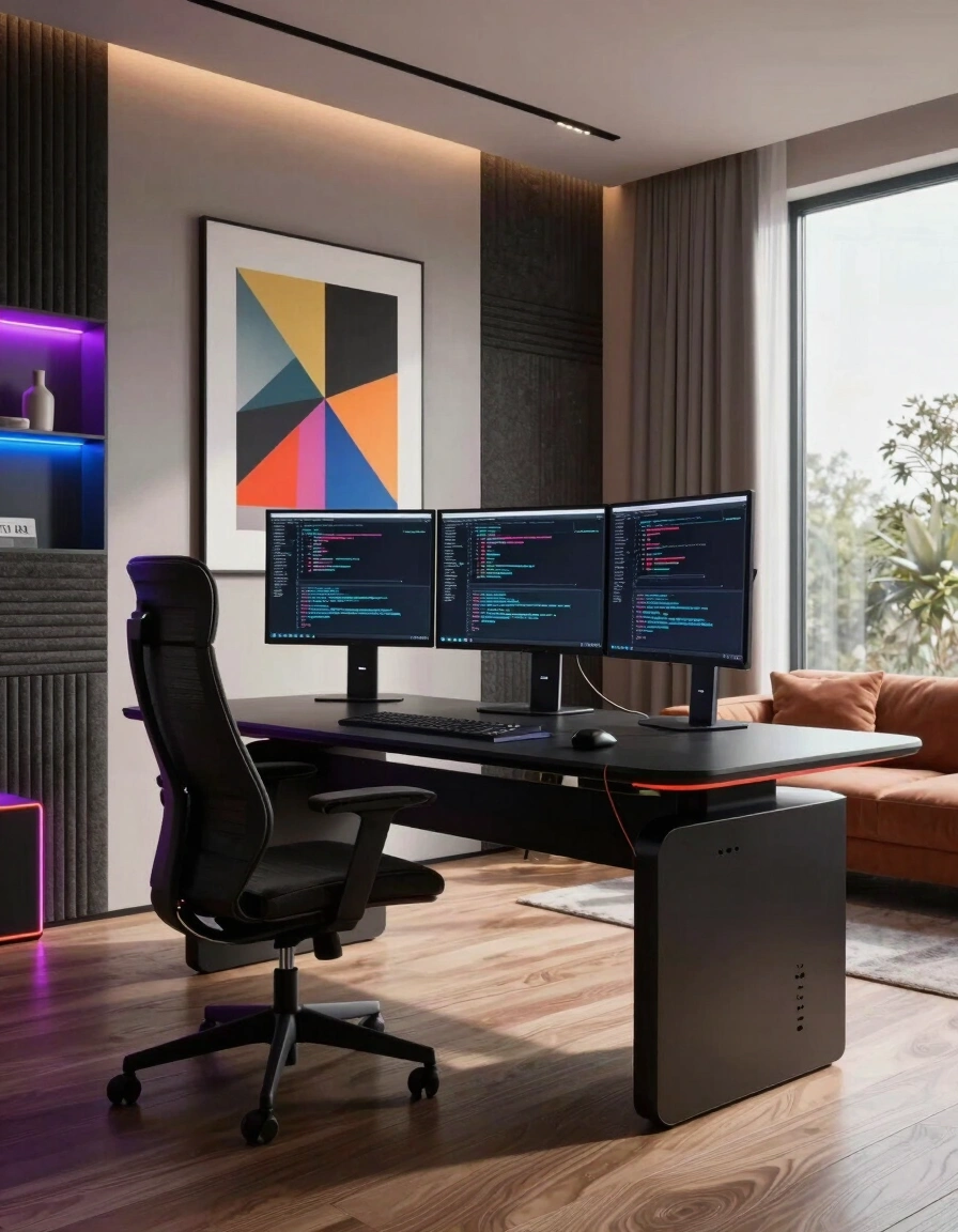 A futuristic home office with a sleek black desk, triple-monitor setup, and soundproofing panels, illuminated by neon lights and a vibrant geometric art piece.