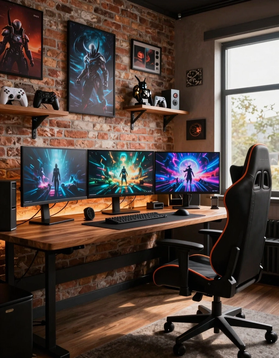 A modern gaming room with a wooden desk, three monitors, a gaming chair, and sci-fi decorations on brick walls.