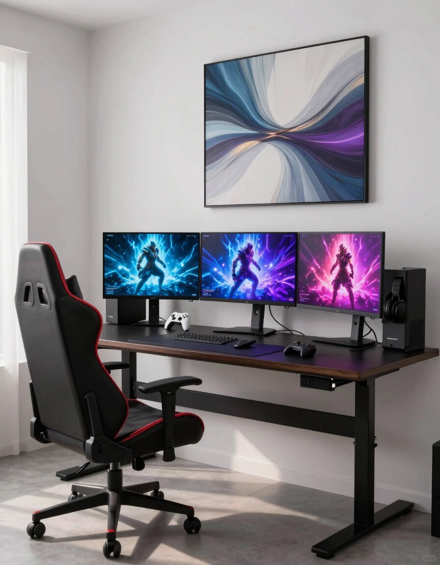 A modern gaming room featuring a black X-base desk, a black and red gaming chair, and three monitors with futuristic game characters on a white-walled room with abstract art.
