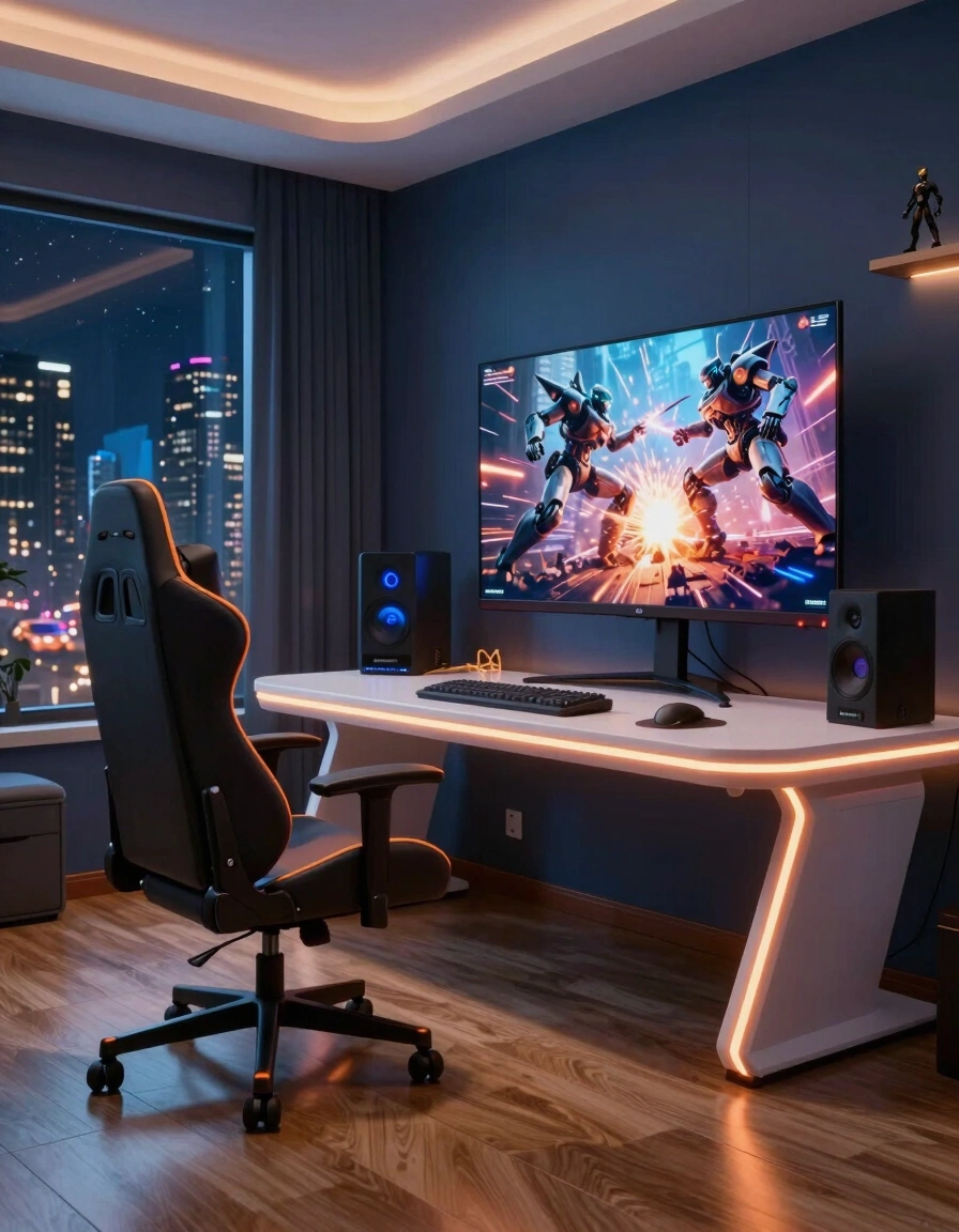 A futuristic gaming room with a white gaming table, orange neon lights, and a large screen displaying a robot battle, accompanied by a gaming chair, in a dark blue room with a cityscape view.