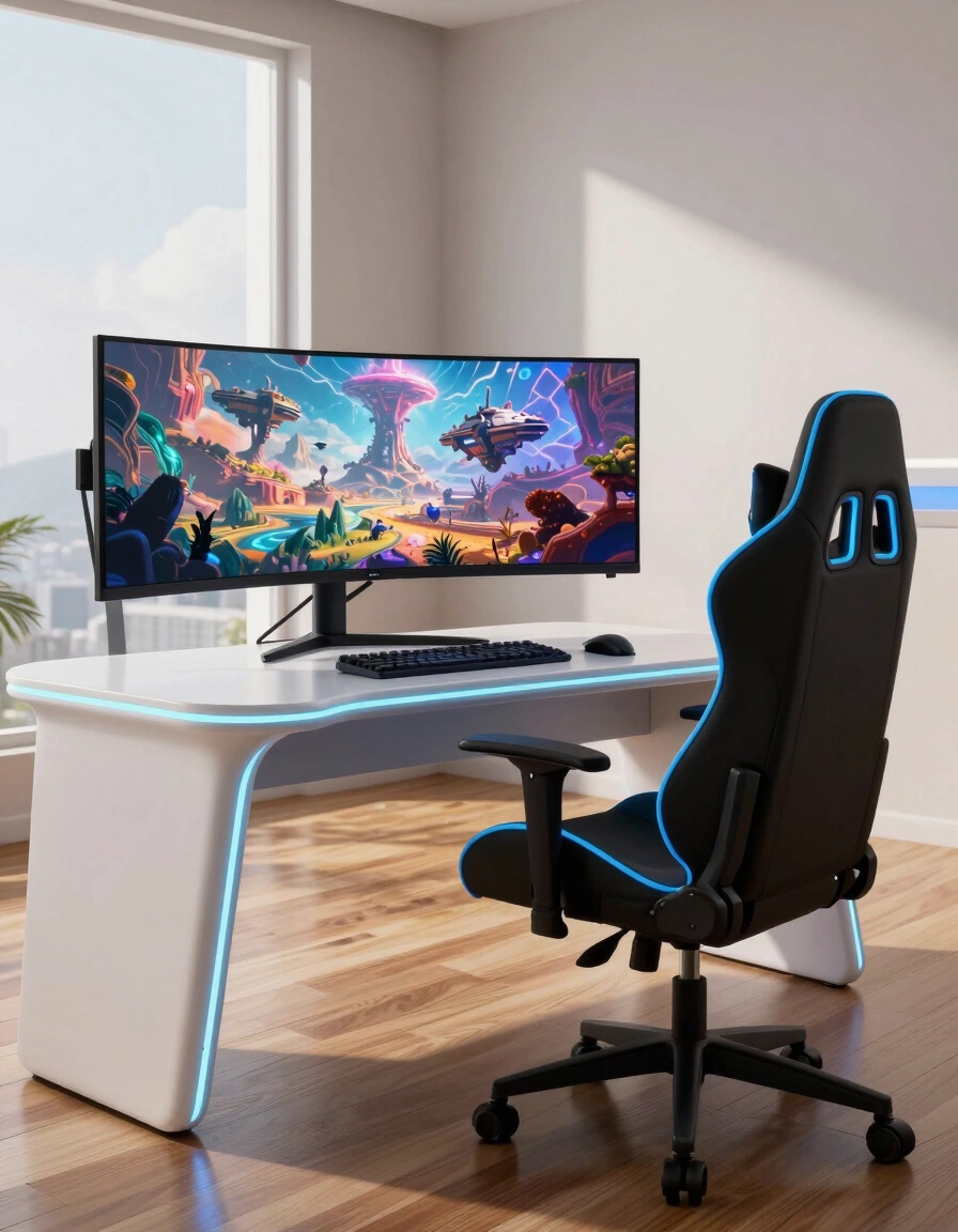 A futuristic gaming room featuring a sleek gaming desk and chair with neon accents.