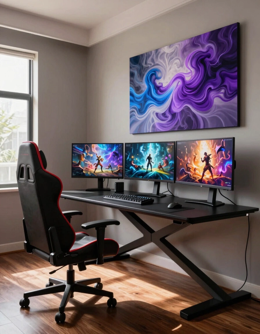 A modern gaming room with a black X-shaped desk, red-trimmed gaming chair, and three monitors showing fantasy game scenes, set against a neutral wall with abstract art.