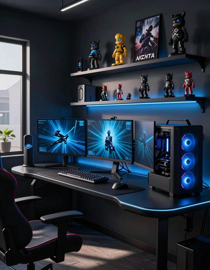 A futuristic gaming room with a curved black desk, multi-monitor setup, and neon blue accents, surrounded by gaming posters and figurines in a dimly lit, modern space.