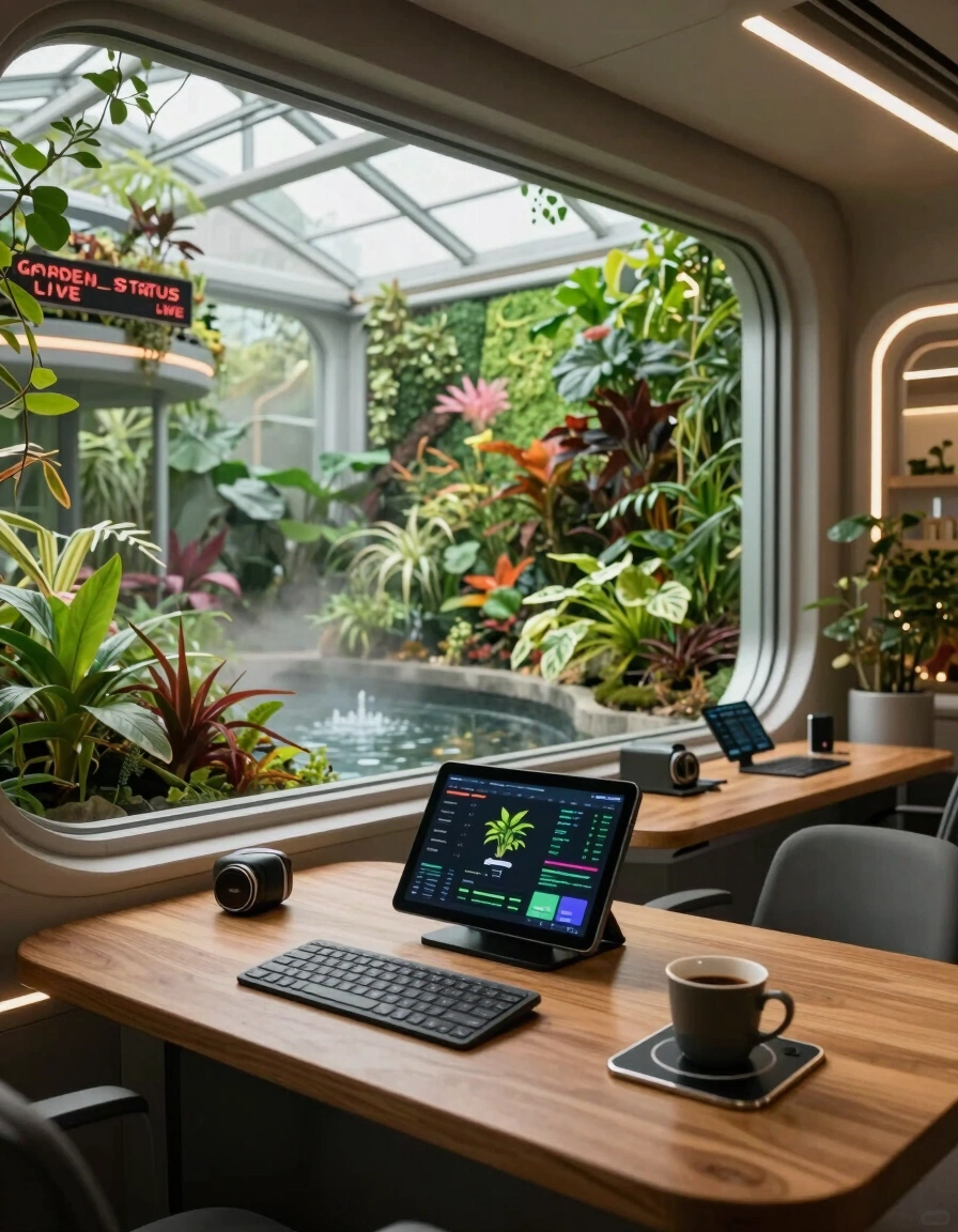 A futuristic control room with a large window into a greenhouse, a wooden desk with futuristic gadgets, and a mix of industrial and natural elements.
