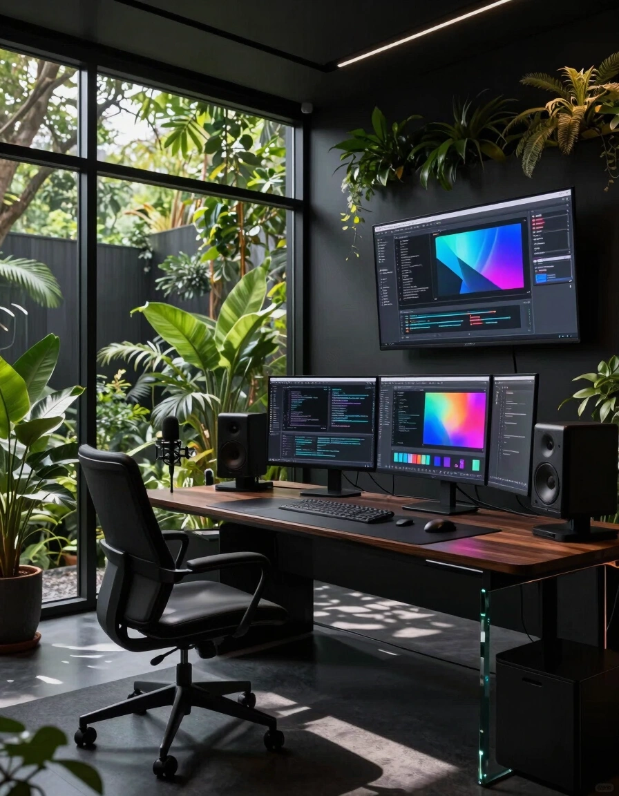 A futuristic home office with a black desk, multiple monitors, and lush greenery surrounding the space.
