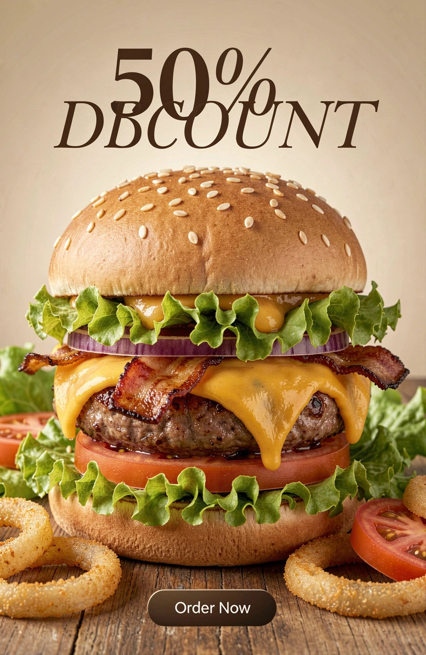 A mouth-watering cheeseburger with bacon, cheese, lettuce, tomato, and onion on a toasted bun, surrounded by ingredients and a 50% discount offer