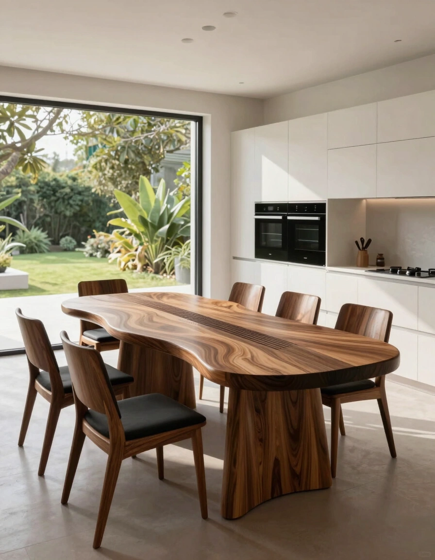 A unique guitar-shaped dining table with matching wooden chairs in a modern kitchen setting.