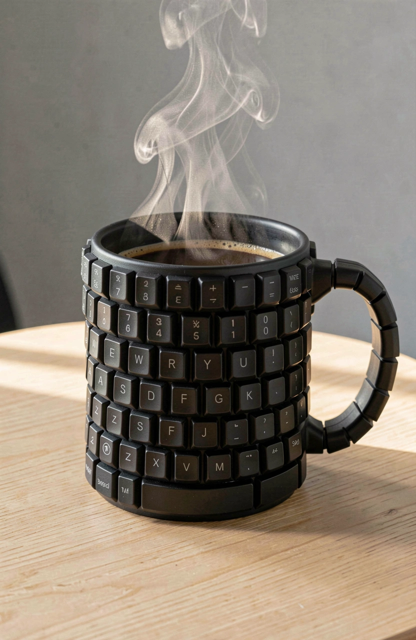 A black coffee mug wrapped in a keyboard design, filled with steaming hot coffee, on a wooden table.