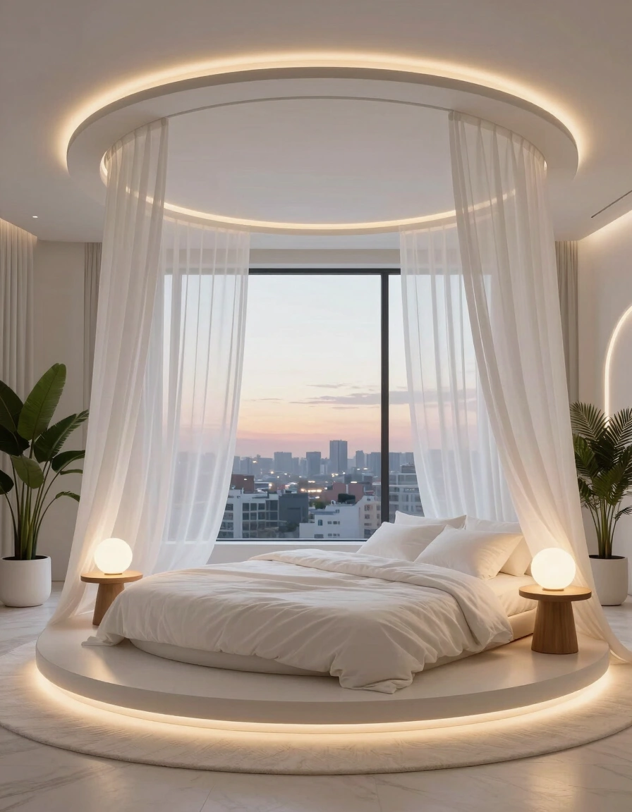 A modern bedroom with a circular canopy bed and a city view