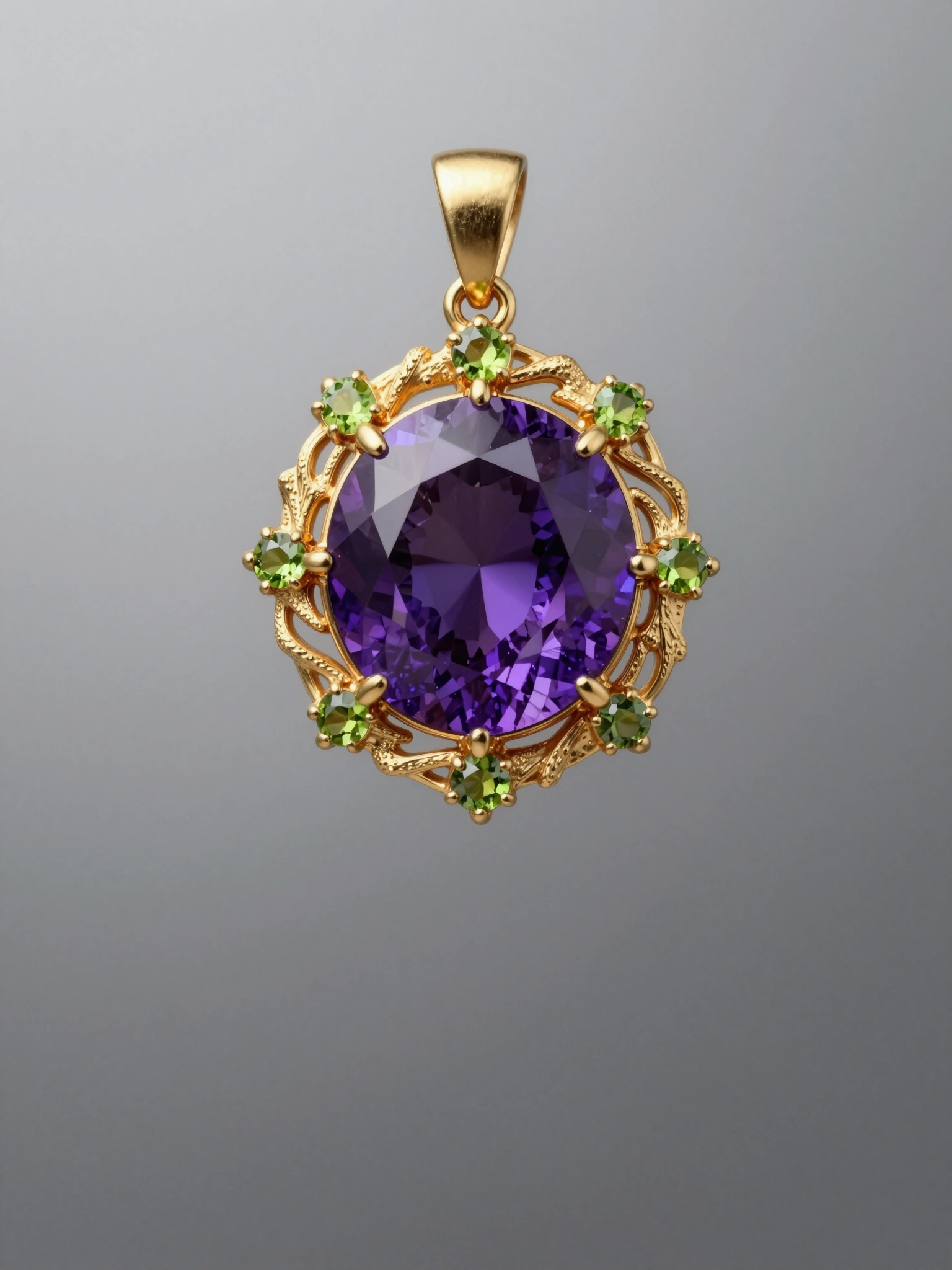 A luxurious gold pendant featuring a large, deep purple amethyst gemstone and three small green peridot gemstones
