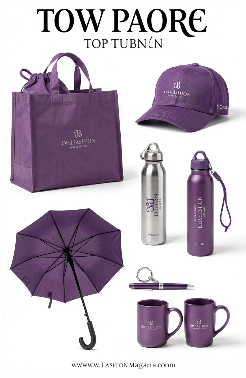A collection of branded merchandise in purple and silver, including a tote bag, drawstring bag, baseball caps, water bottles, pen, keychain, umbrella, and mugs, arranged in a clean and modern composition with a white background.