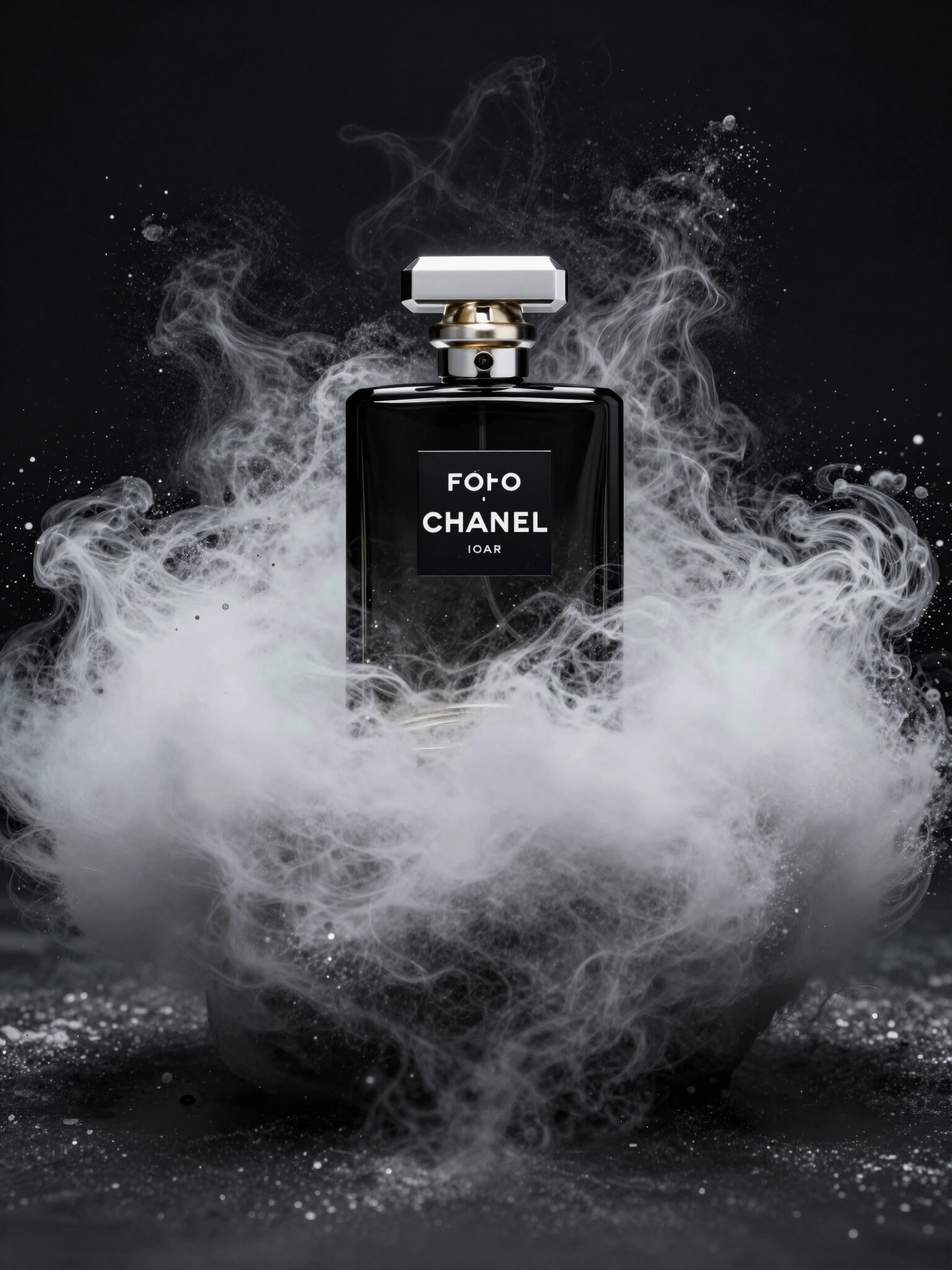 Chanel perfume bottle in black with silver cap, surrounded by white powder cloud on dark background