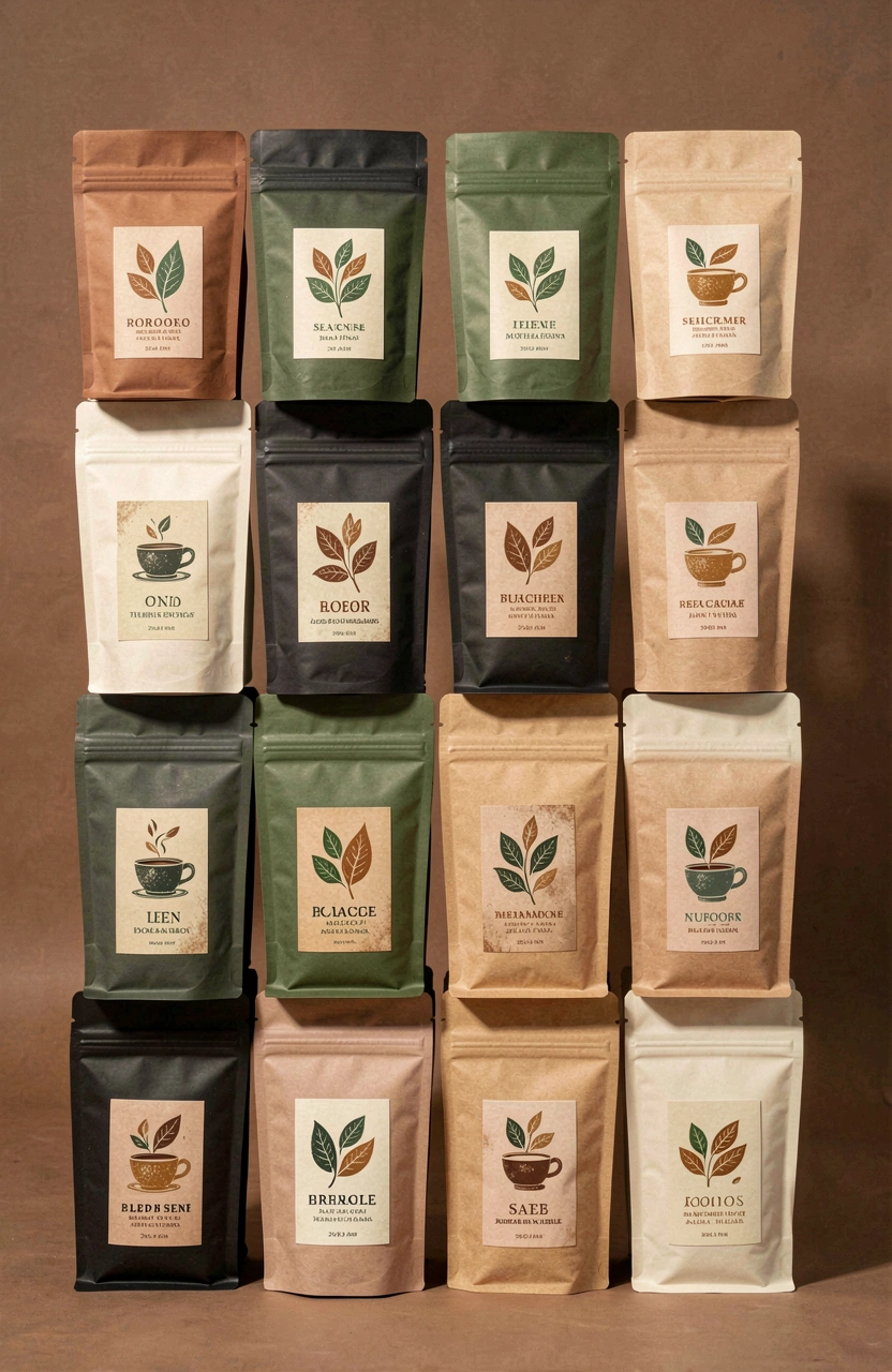 Twenty coffee bags in various earthy tones arranged in four rows against a brown background, showcasing luxury coffee packaging designs.