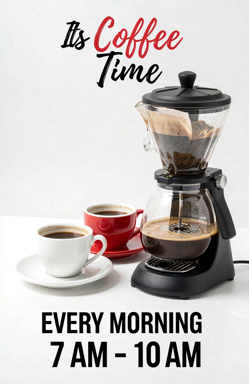 Hyper-realistic image of a coffee scene with a stovetop espresso maker and two coffee cups