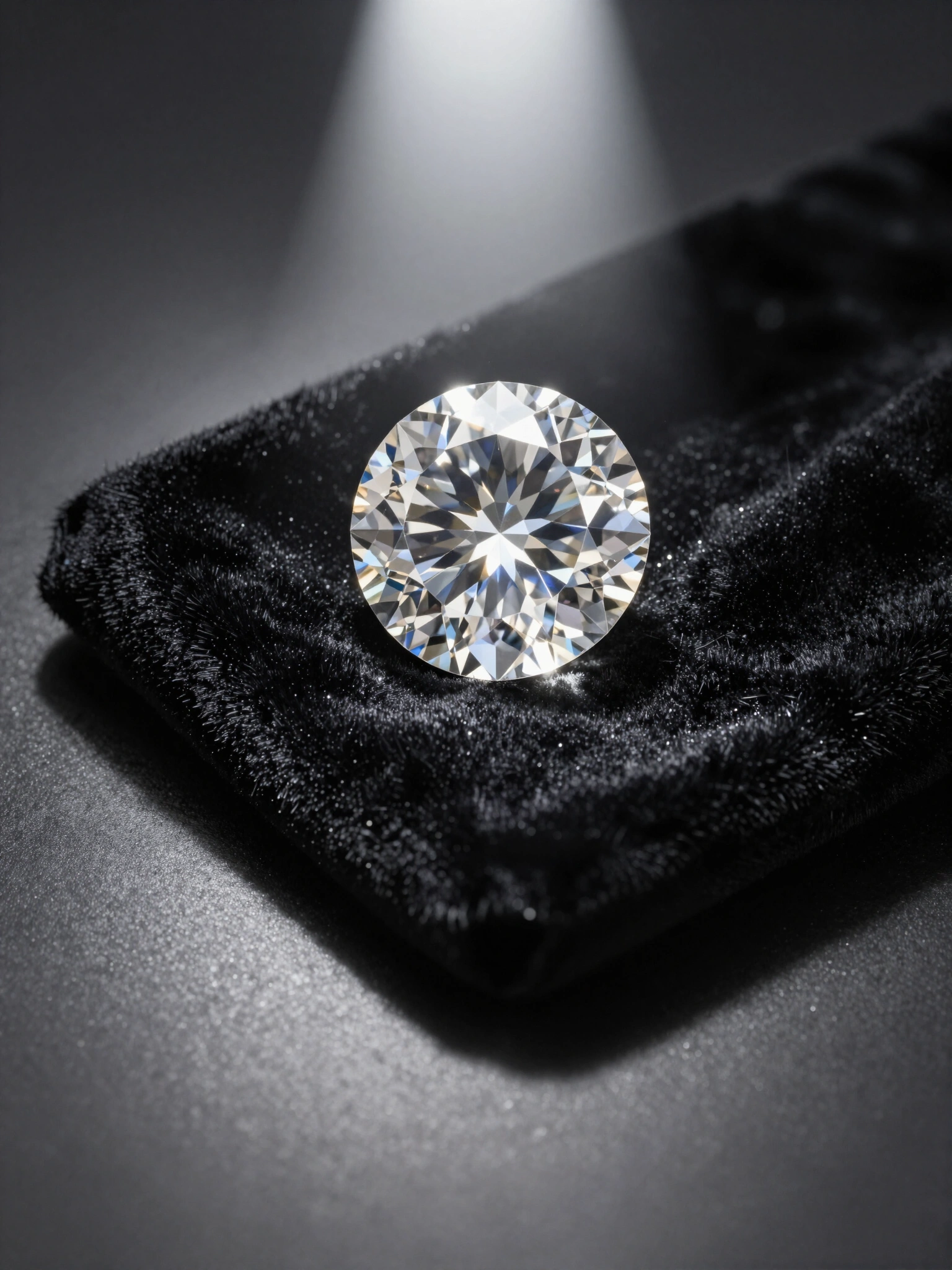 A luxurious round brilliant cut diamond resting on black velvet fabric, with a spotlight shining down from above.