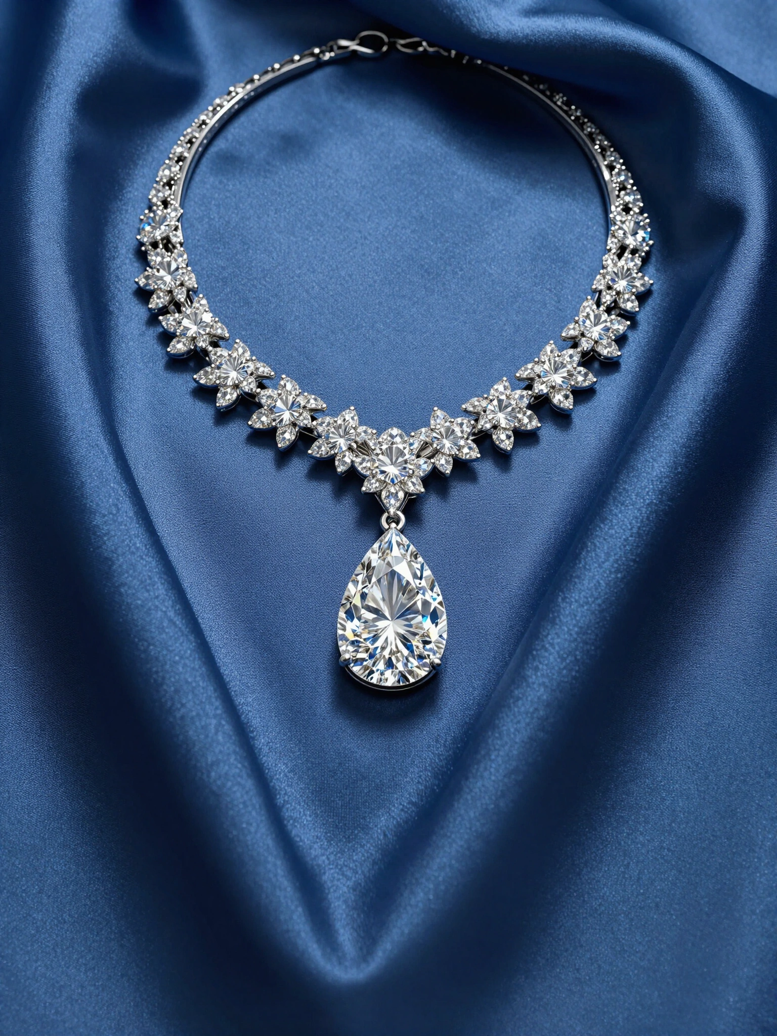 Luxurious diamond necklace on blue satin fabric, featuring intricate floral details and a large teardrop pendant.