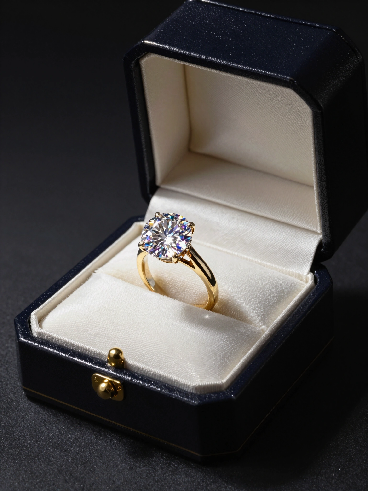 Luxury diamond ring in a black and gold jewelry box with cream satin interior
