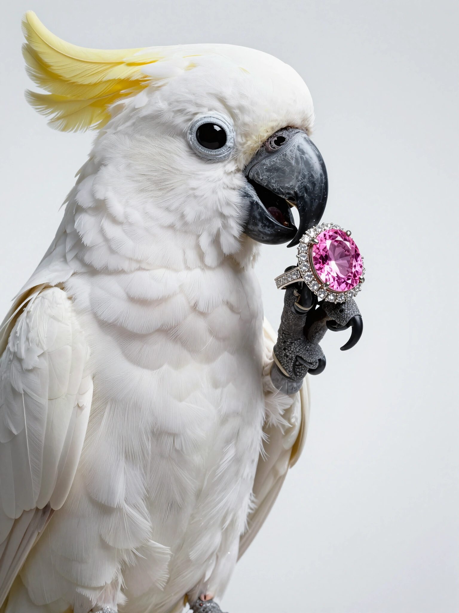 Hyper-realistic studio photo of a white cockatoo holding a luxurious diamond ring with a pink gemstone