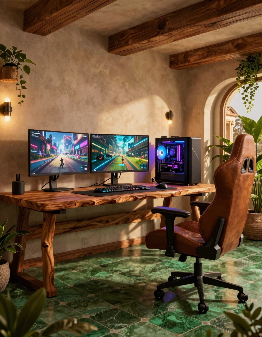 A luxurious gaming room with a wooden desk, three monitors, and a custom gaming PC, surrounded by plants and featuring a unique green-tiled floor.