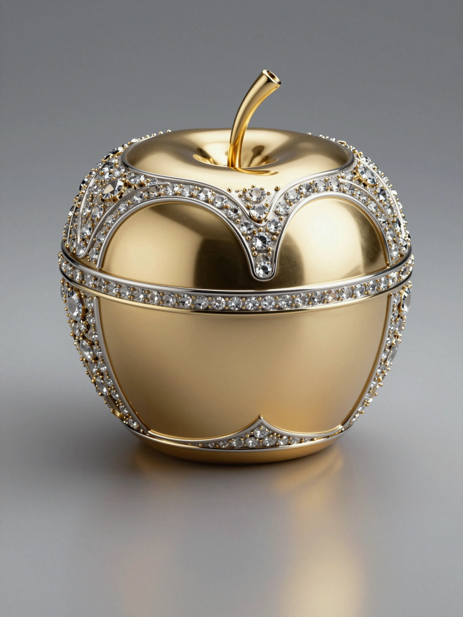 Luxurious gold apple container with intricate silver and gemstone details.
