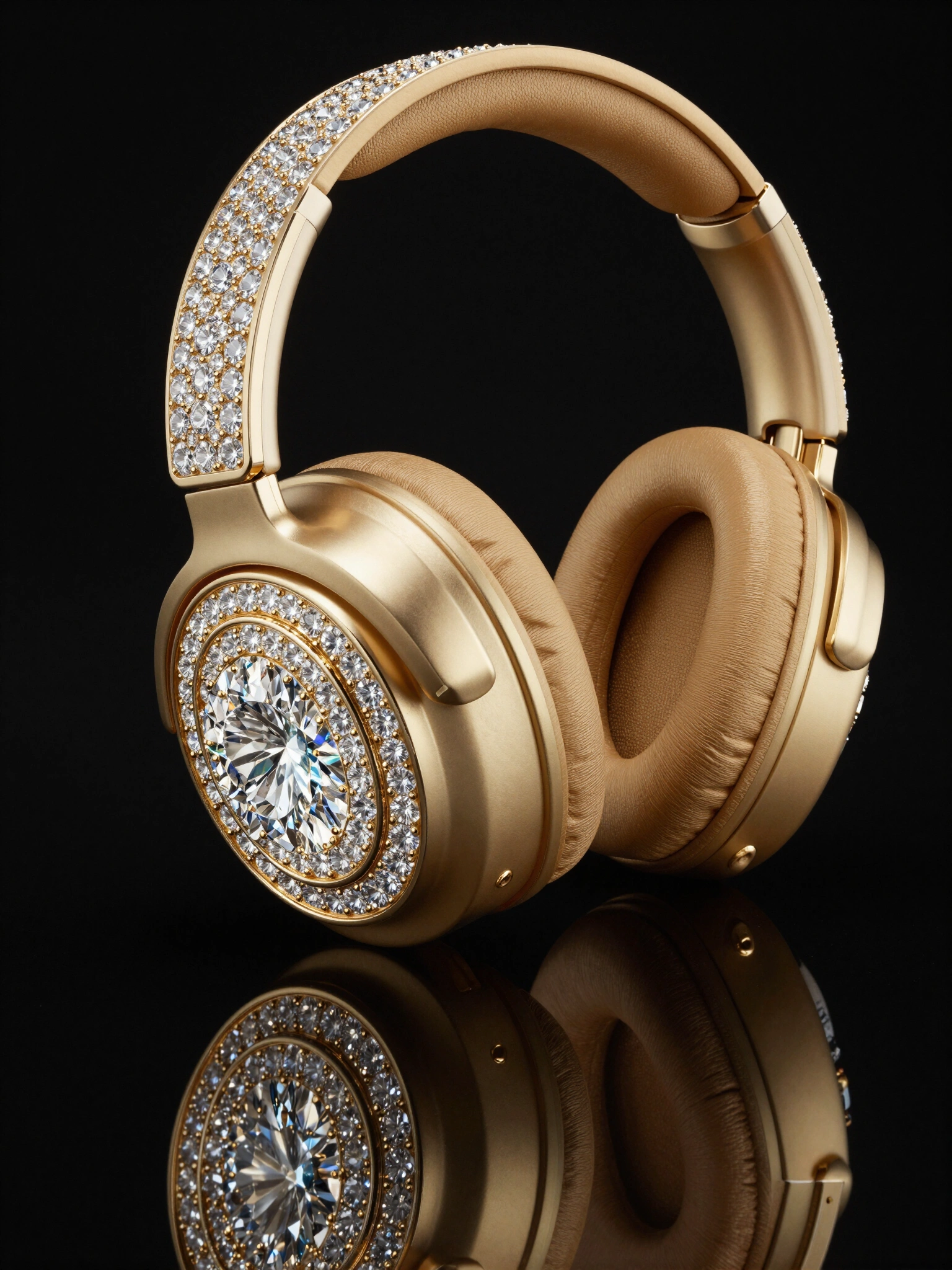 Luxurious gold headphones with diamond encrustation and a large central diamond on the earcup, displayed on a glossy black reflective surface.