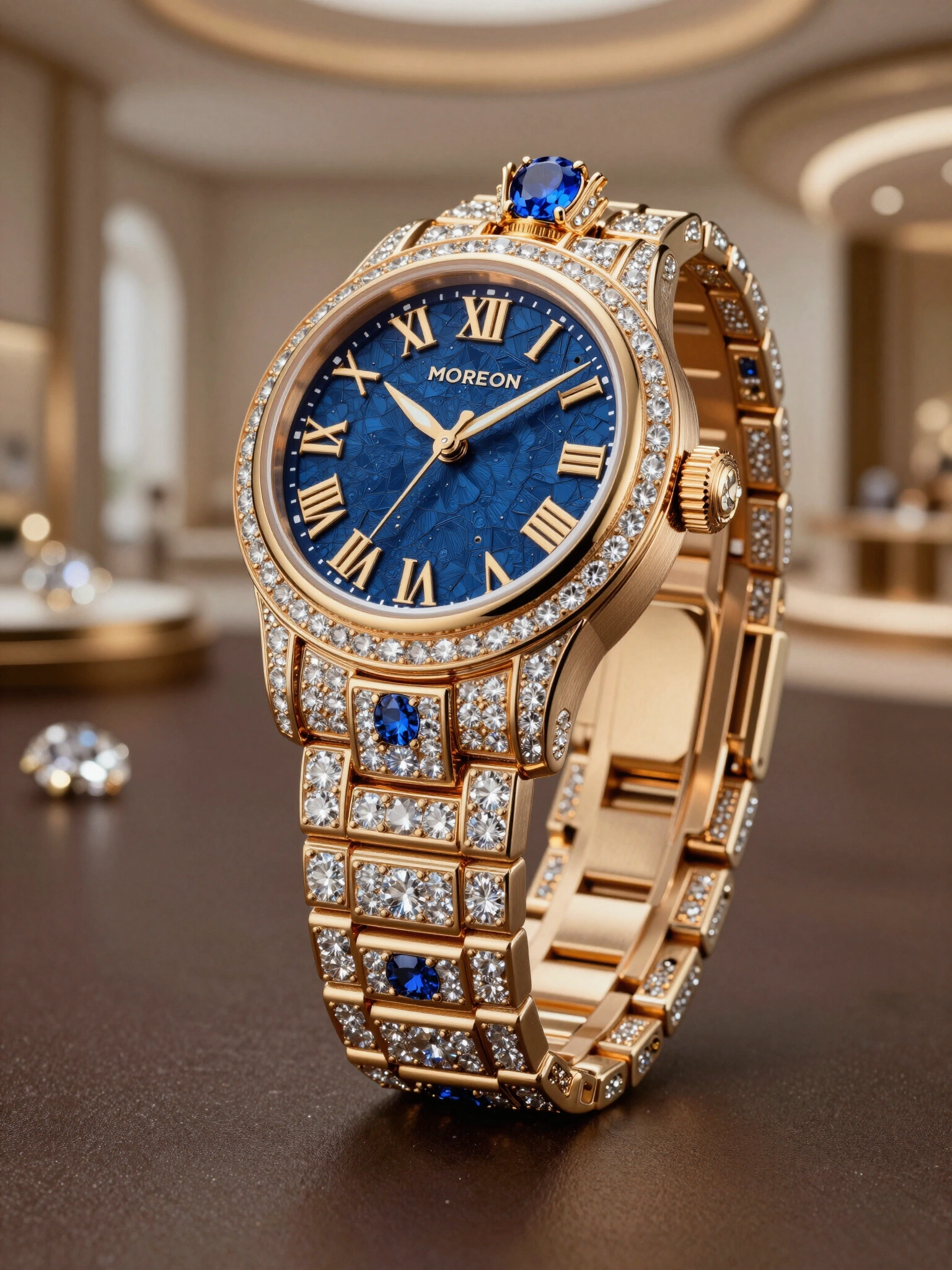 Luxurious gold watch with blue face and diamond, sapphire encrustation