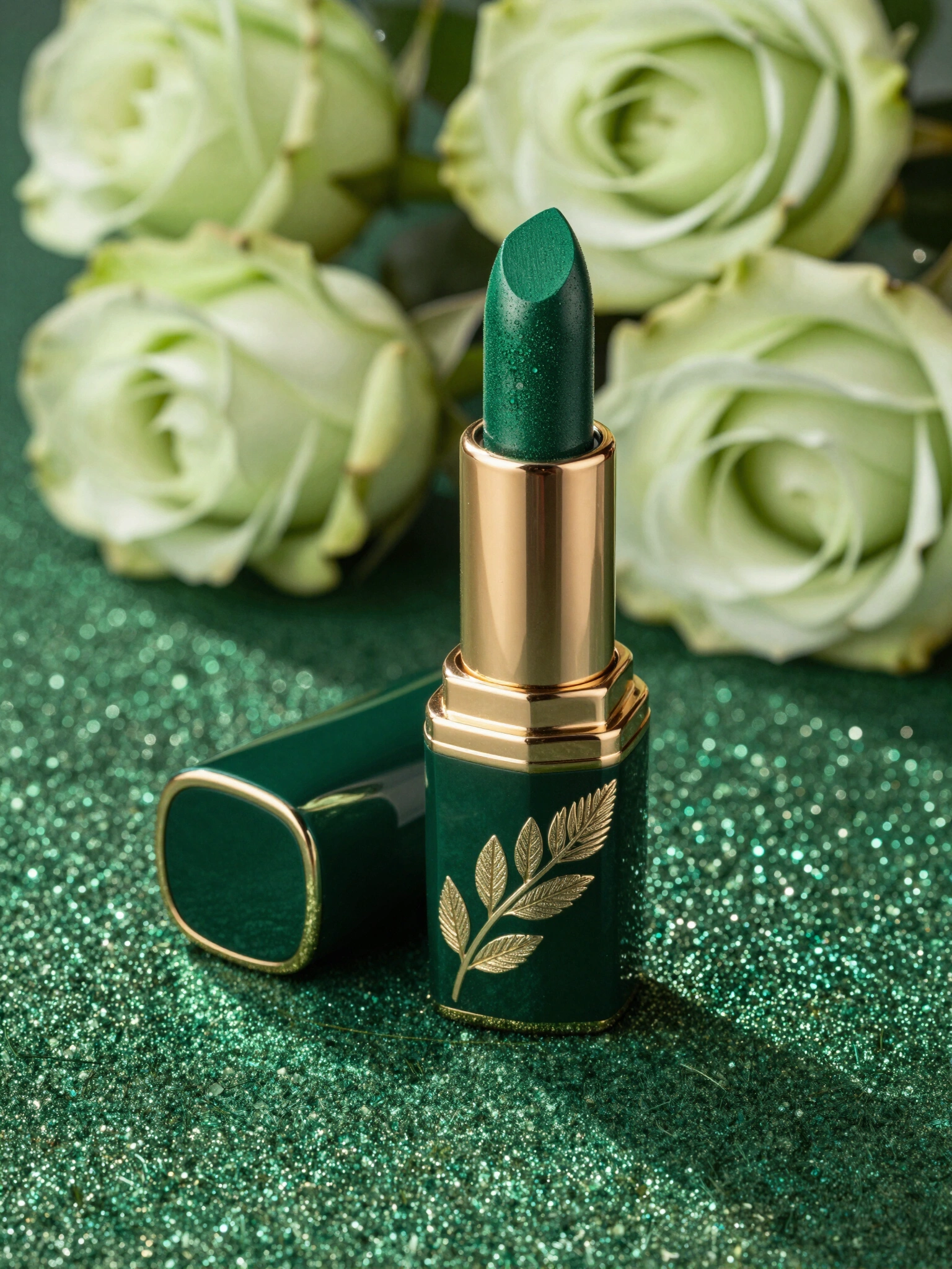 Emerald green lipstick with gold band and engraved leaf pattern on a glittering green surface with light green roses