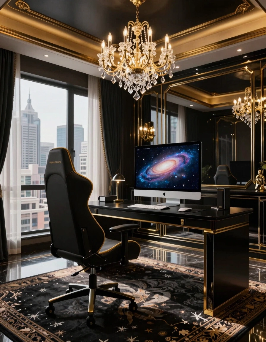 Luxurious home office with black and gold color scheme, galaxy-themed computer monitor, high-backed gaming chair, and chandelier.