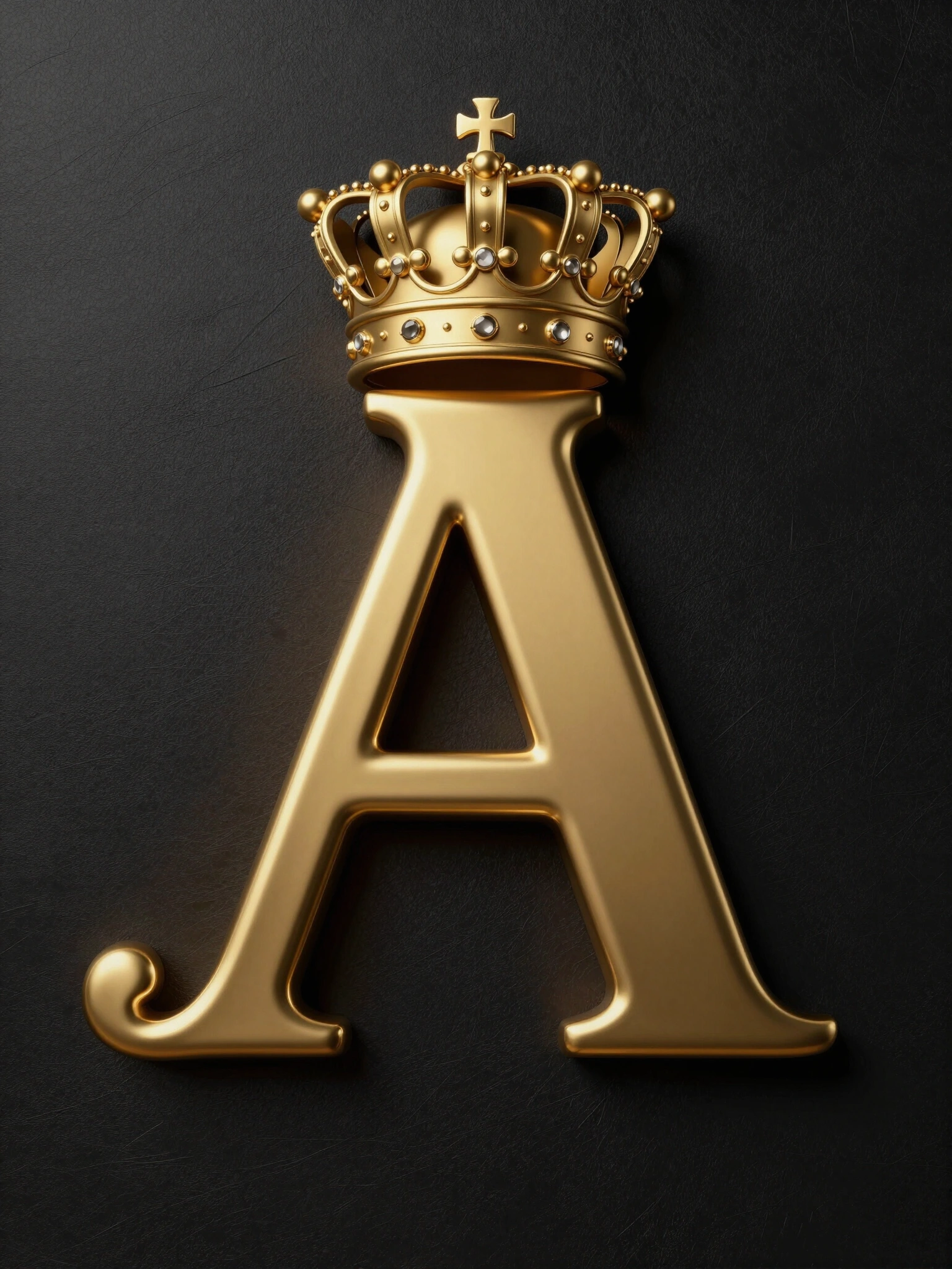 Gold letter A with ornate crown on dark leather background