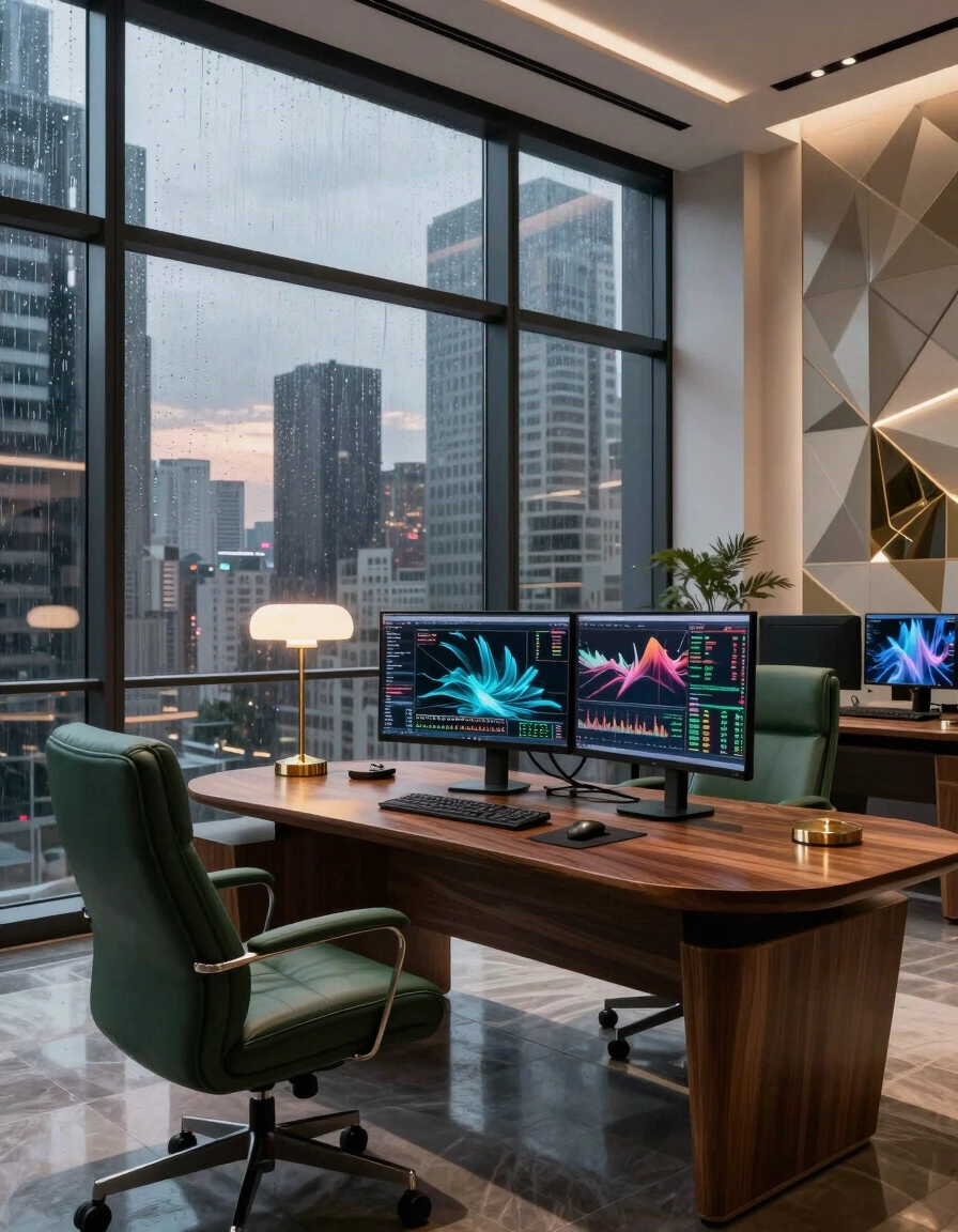 A luxurious office with a curved wooden desk, multiple monitors, and a green leather chair, overlooking a rainy cityscape.