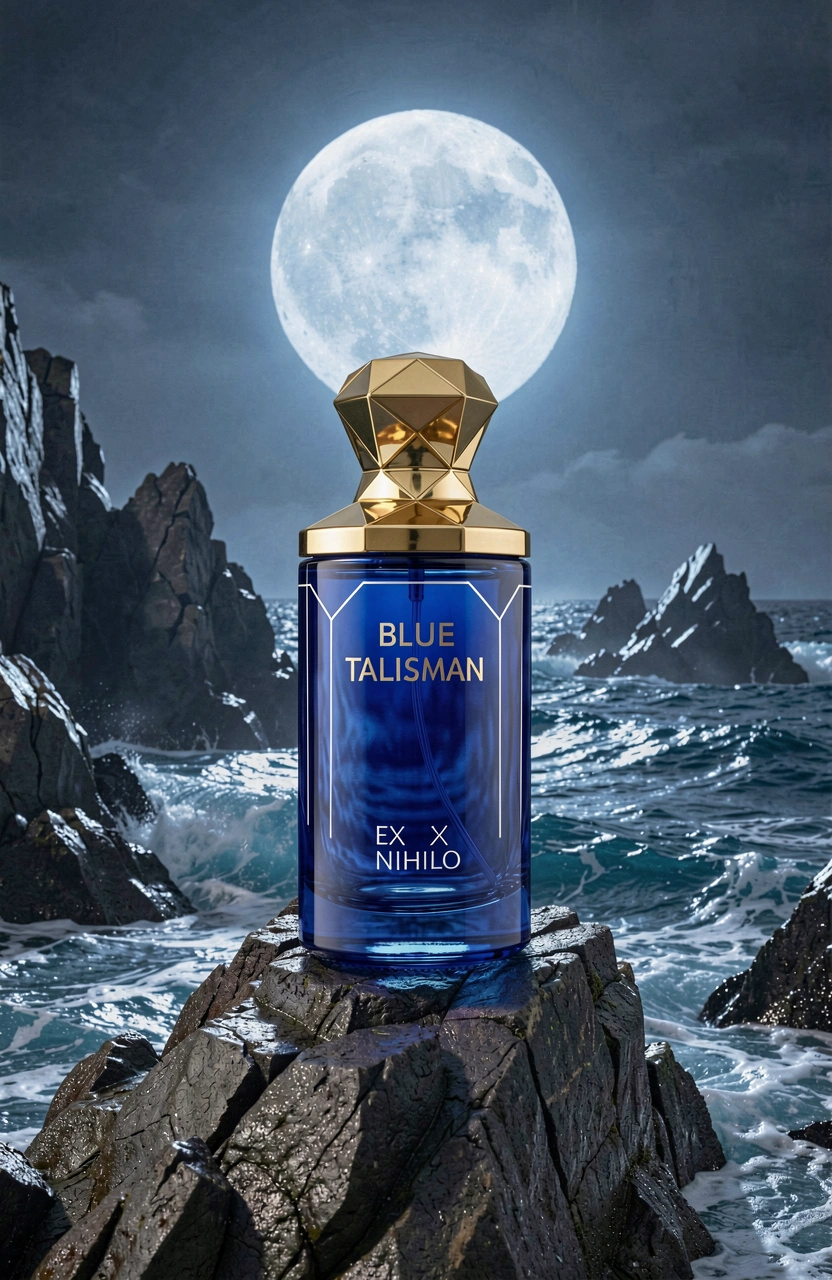 Cobalt blue perfume bottle with gold cap on rocky outcrop, surrounded by ocean waters and illuminated by a full moon