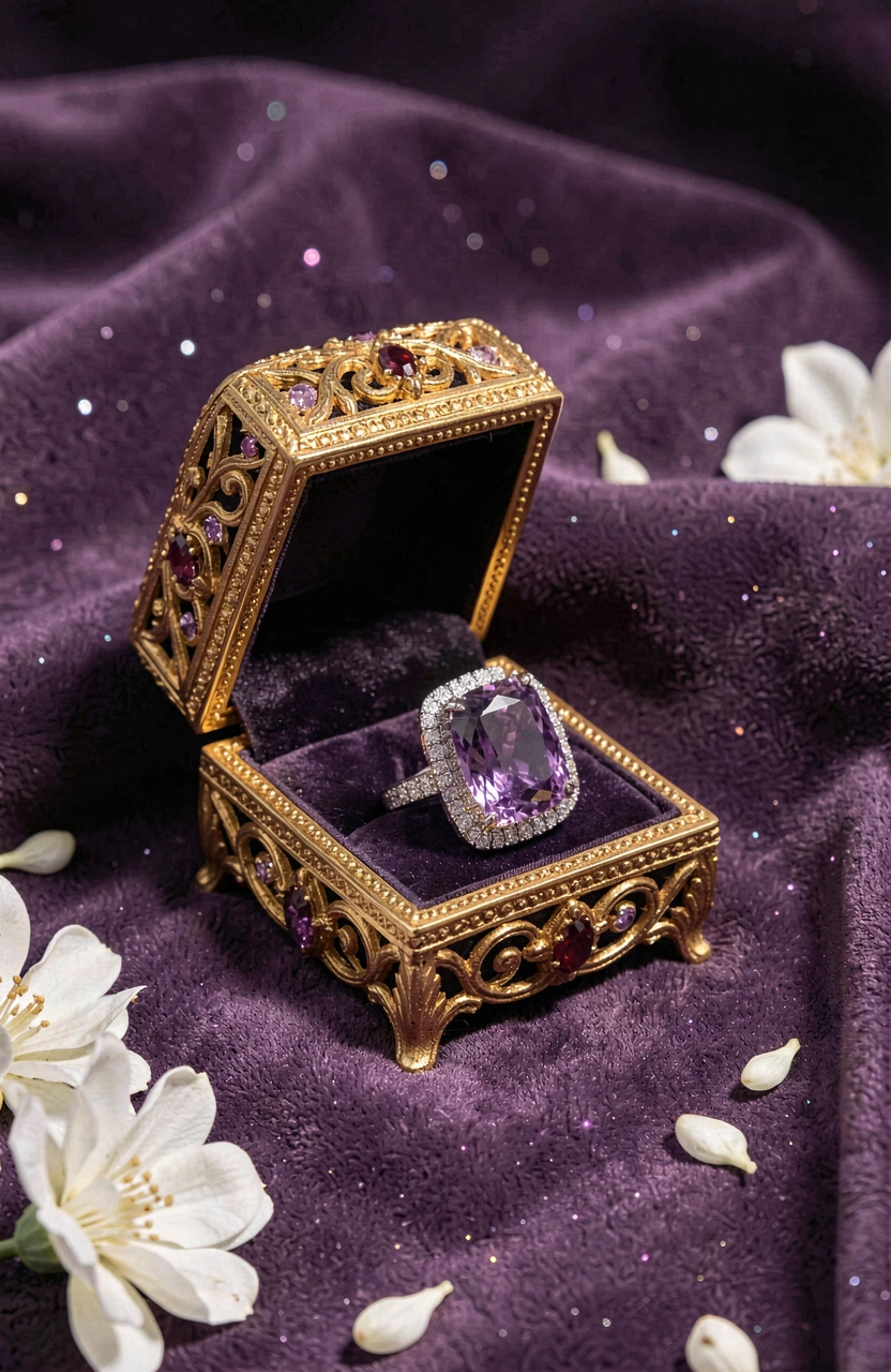 Luxury ring with purple gemstone in ornate gold box on purple fabric