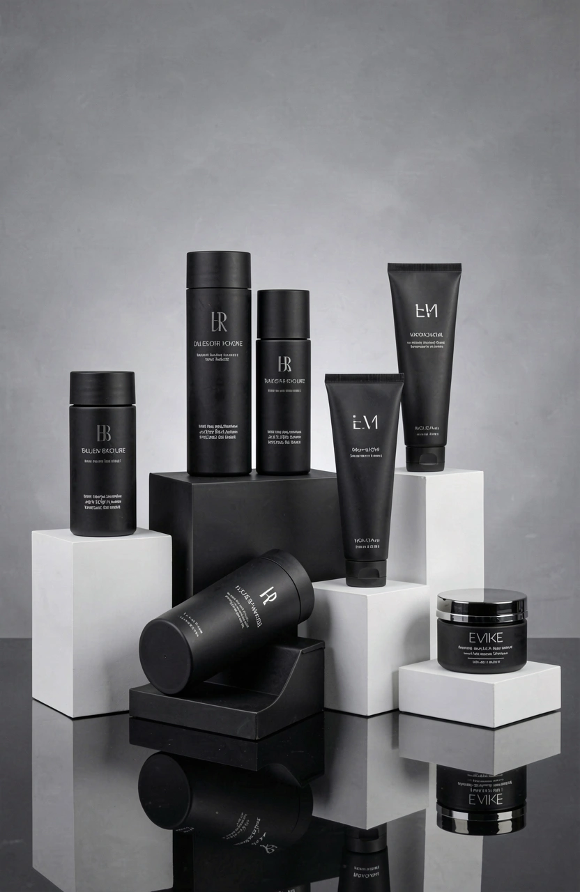 Luxury skincare products arranged on sleek pedestals and a black reflective surface, showcasing a sophisticated black and white color scheme and modern packaging designs.