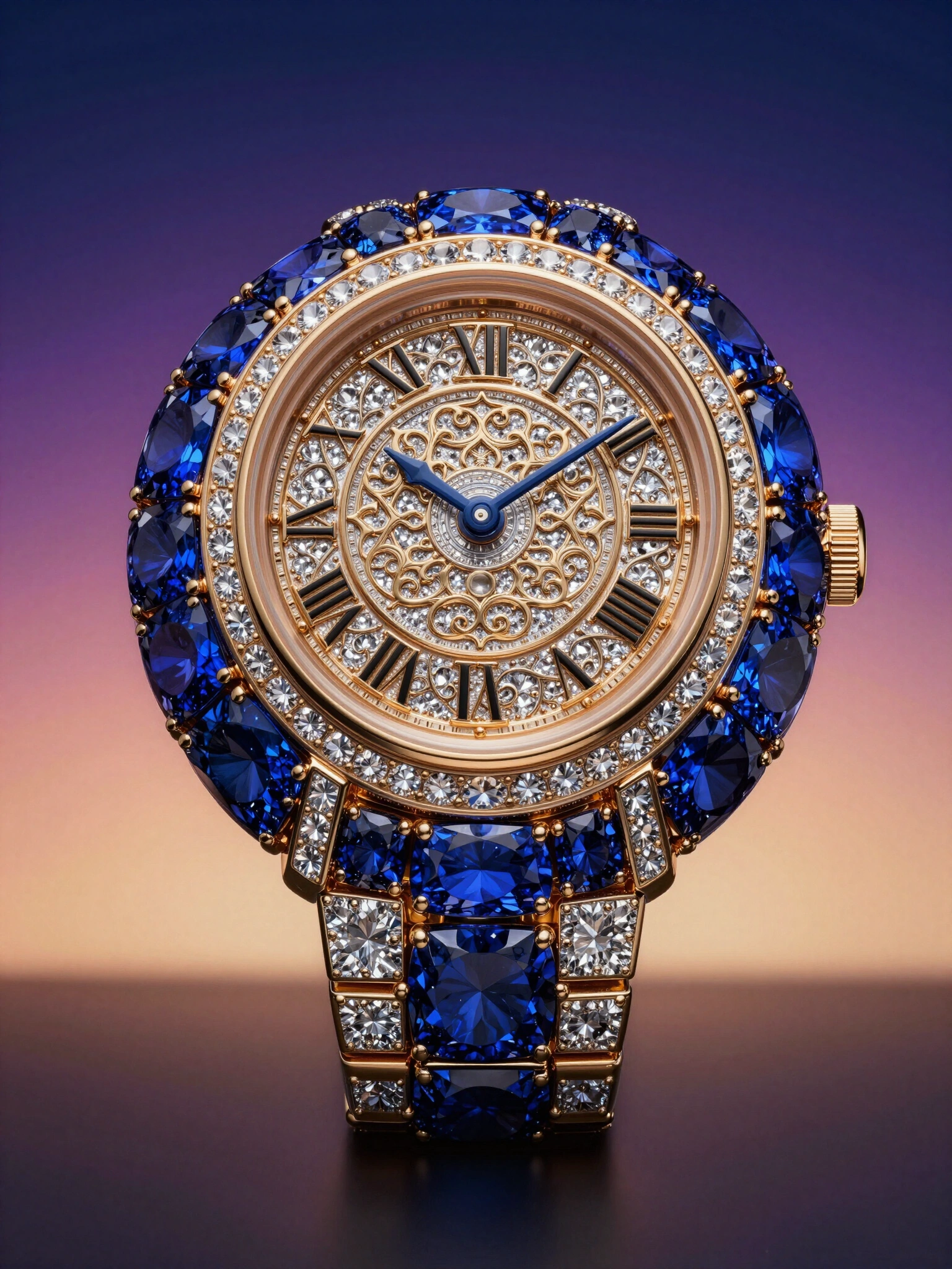 Luxurious spherical watch with blue sapphires and gold framework