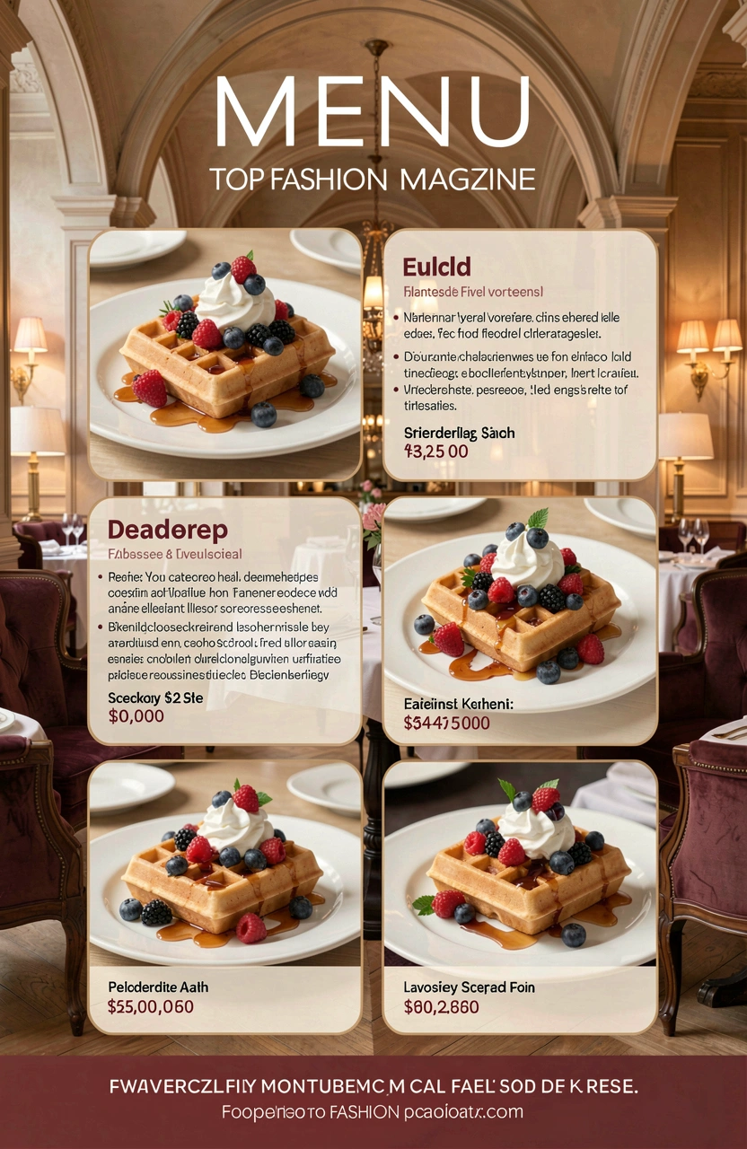 Luxury waffle menu with four options, featuring mixed berries and whipped cream, set against a elegant restaurant interior.