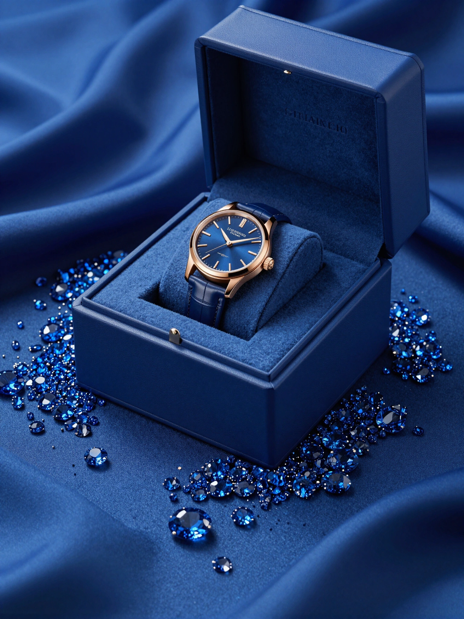Luxury watch in blue box with blue gemstones and satin fabric