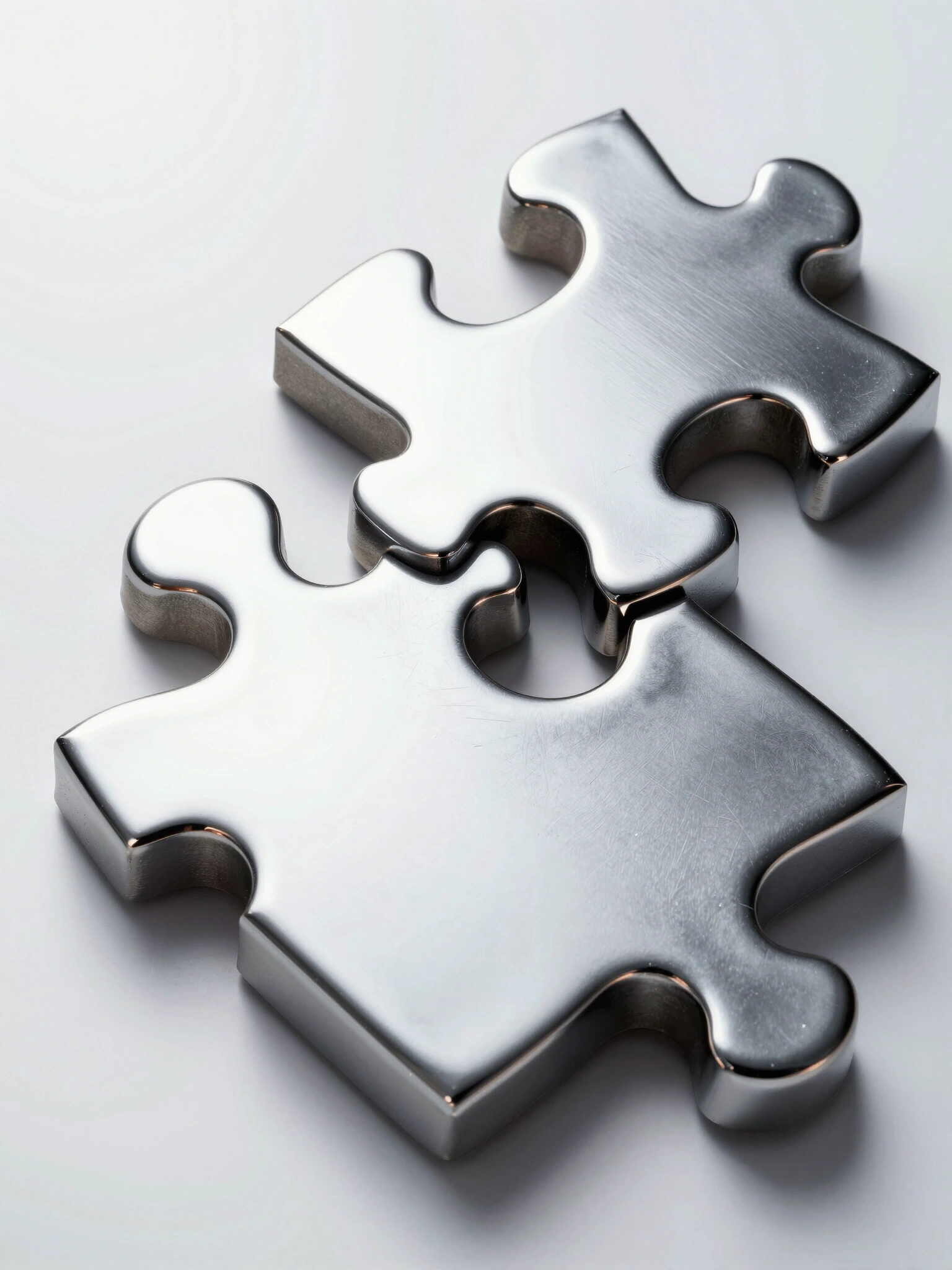 Two metallic puzzle pieces, one dark and one bright, interlocking on a white surface with subtle shadows.