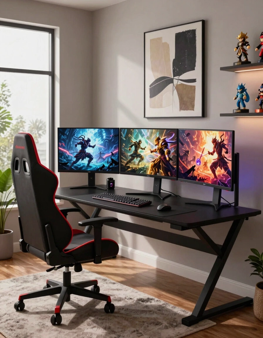 A modern gaming den with a black crisscross desk, red-accented gaming chair, and three monitors showing fantasy scenes, set against a large abstract wall art in a naturally lit room.