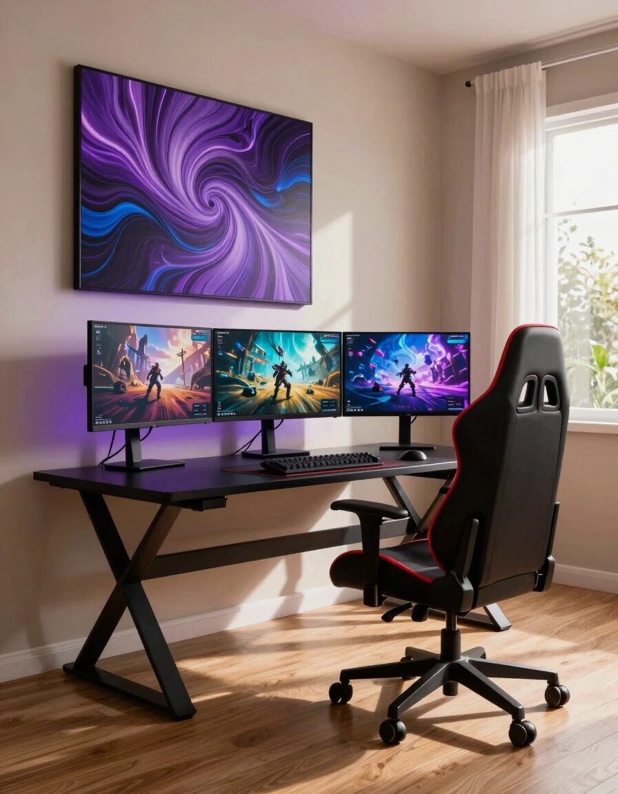 A modern gaming desk with three monitors, a black and red gaming chair, and abstract art on the wall, set in a well-lit home office.