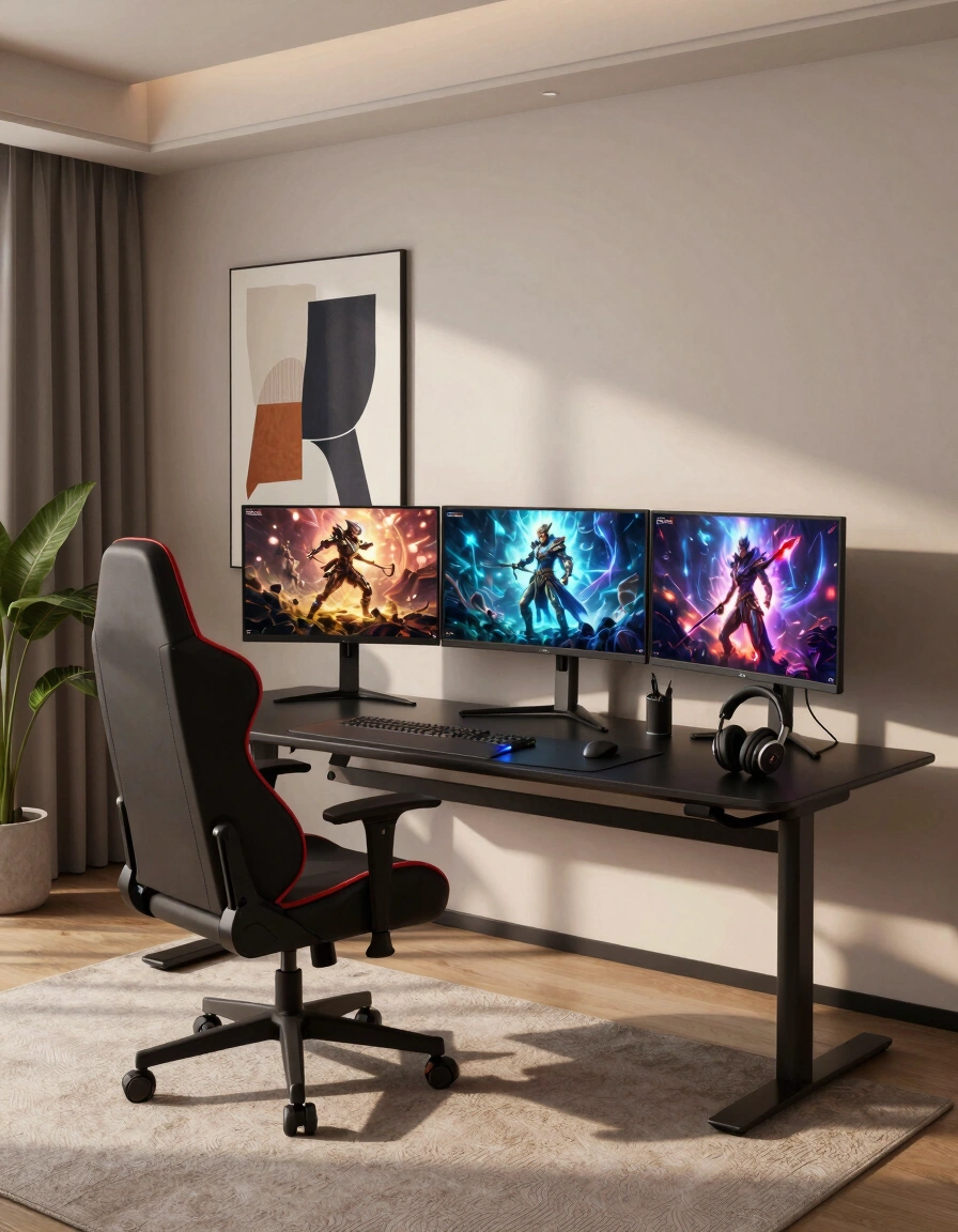 A modern gaming desk setup with a black desk, red and black gaming chair, and three monitors displaying game characters.