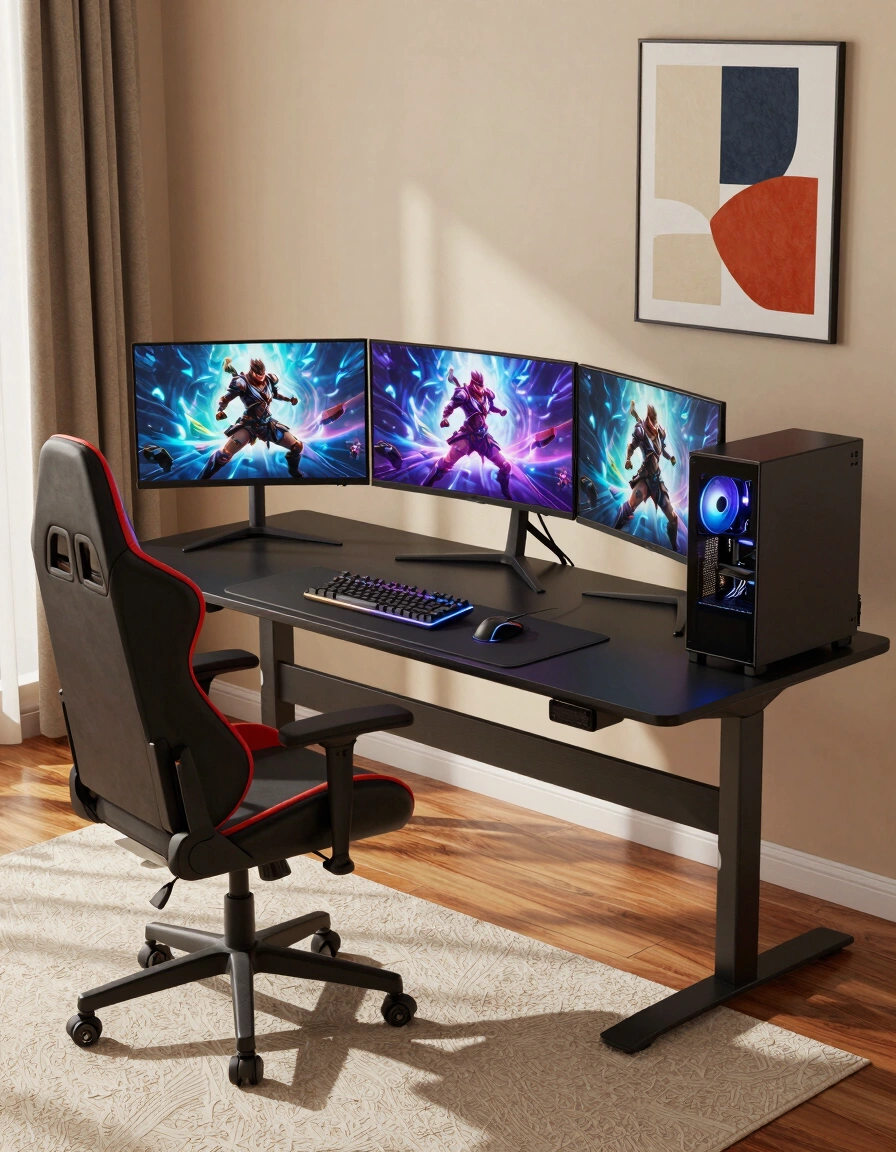 A modern gaming desk with three monitors and a gaming chair in a home office setting.