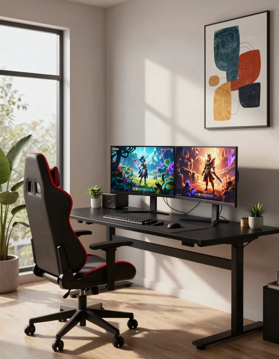 A modern gaming desk setup with a black desk, gaming chair, and dual monitors displaying game characters, set against a large abstract art piece.