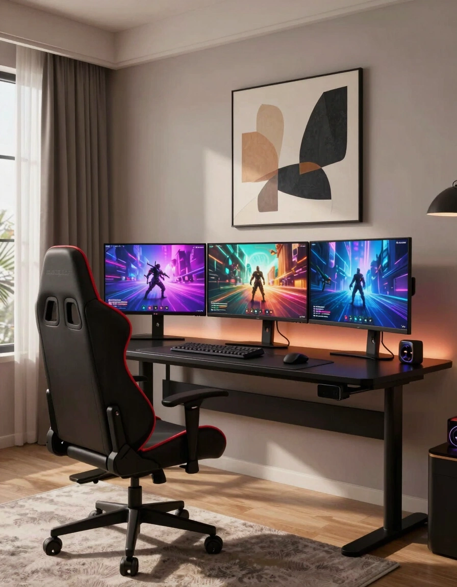 A modern gaming room with a black and red gaming chair, a large black desk with three monitors, and abstract art on the wall.