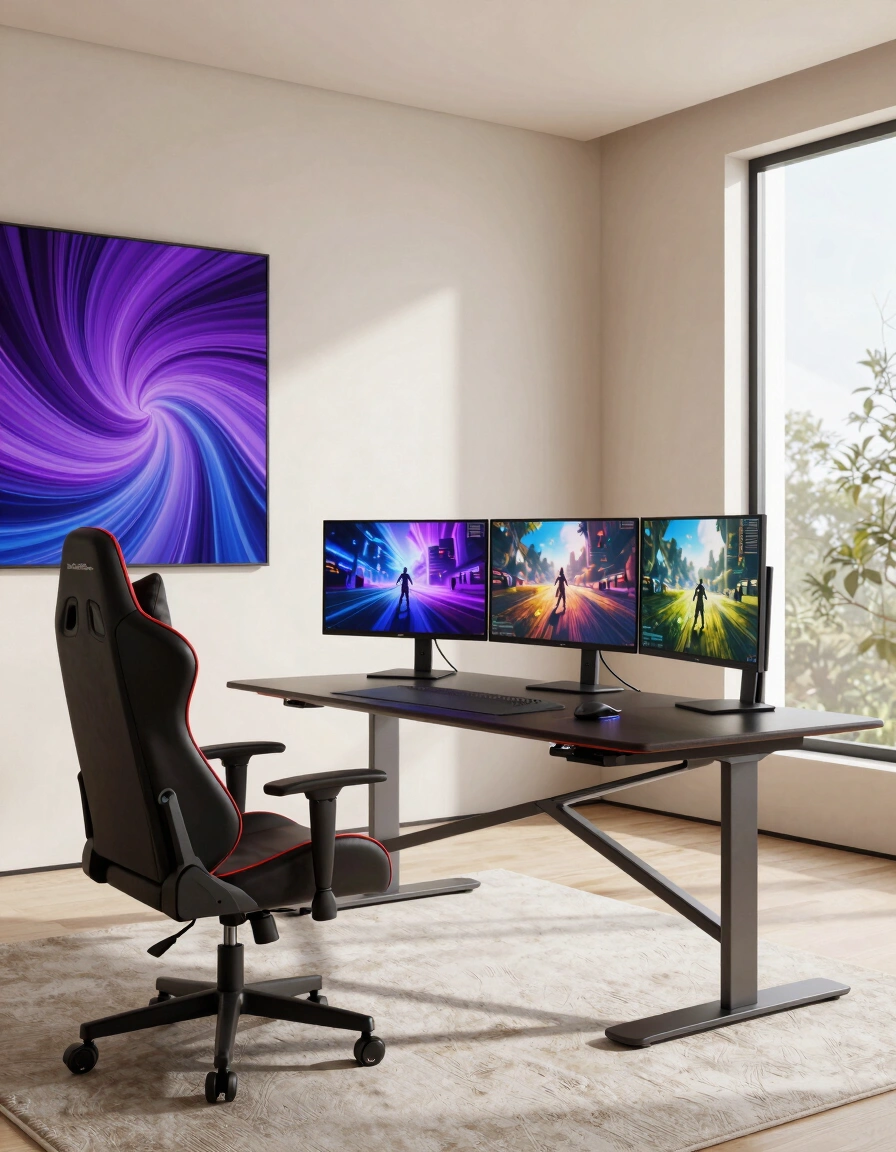 A modern gaming setup with a dark desk, three monitors, and a high-backed gaming chair, set against a large abstract art piece on a light-colored wall.