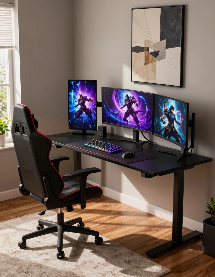 A modern gaming desk with three monitors and a high-backed gaming chair, set against a neutral wall with abstract art.