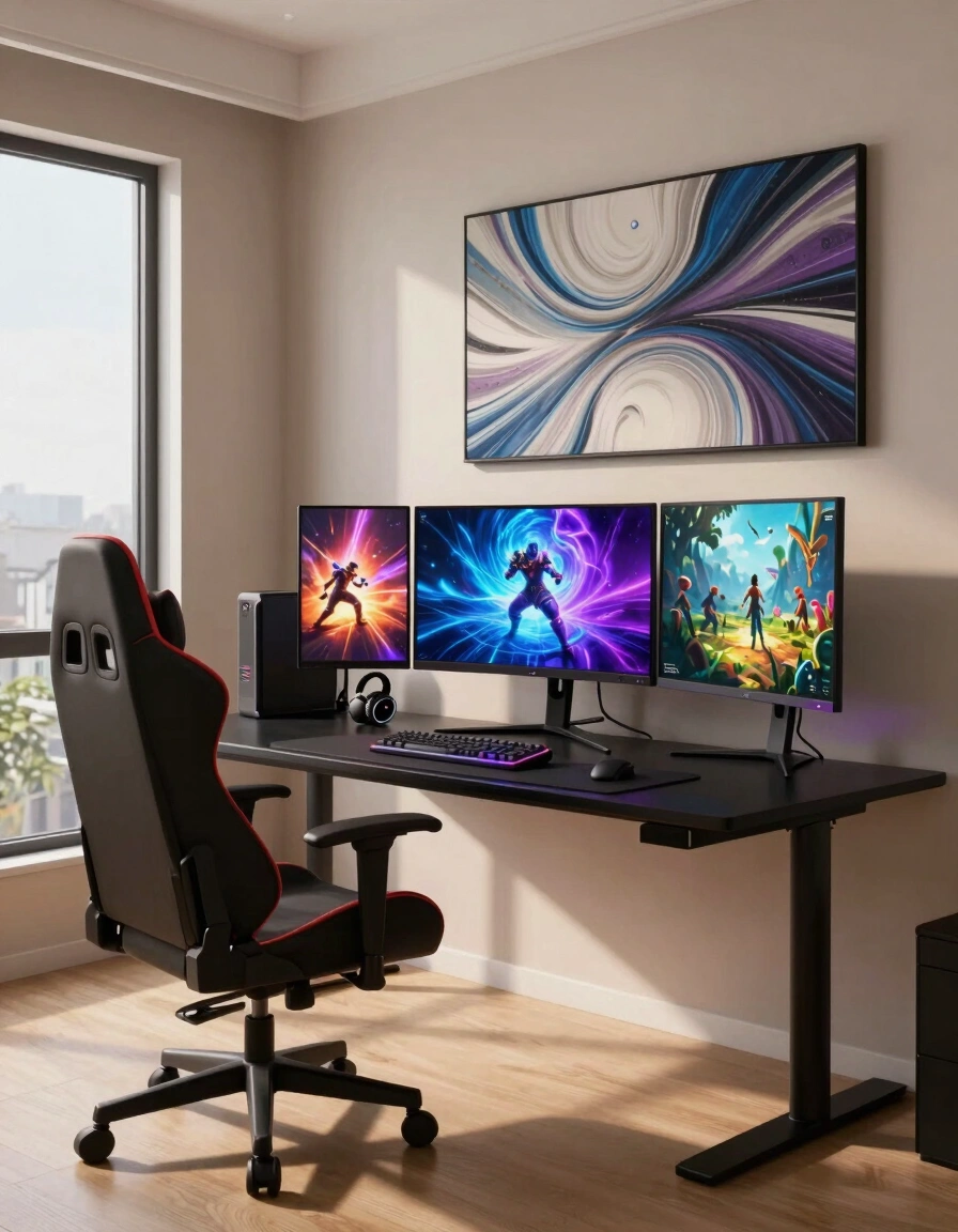 A modern gaming setup with a black X-shaped desk, red-accented gaming chair, and three monitors showing gaming scenes, set against a beige wall with a large abstract art piece.